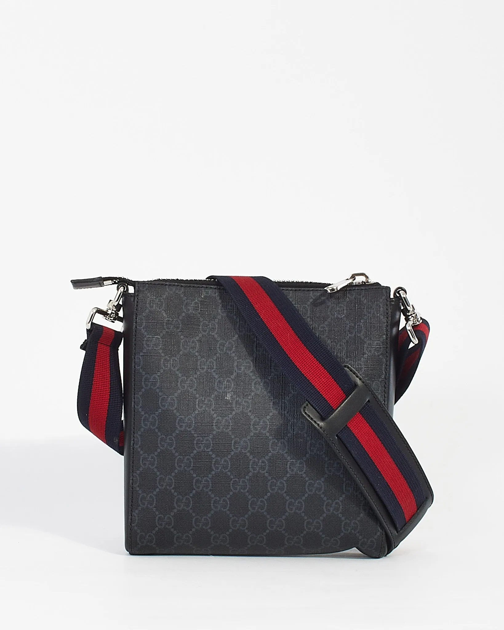 Gucci Black GG Supreme Monogram Canvas Small Web Flat Messenger Bag