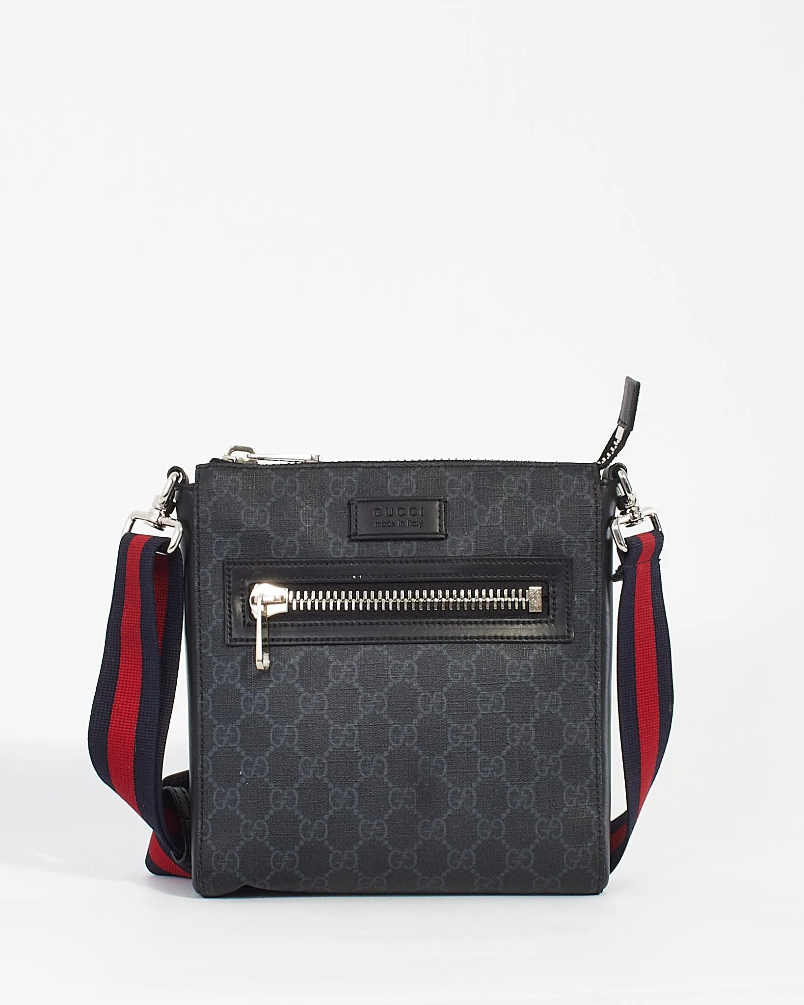 Gucci Black GG Supreme Monogram Canvas Small Web Flat Messenger Bag
