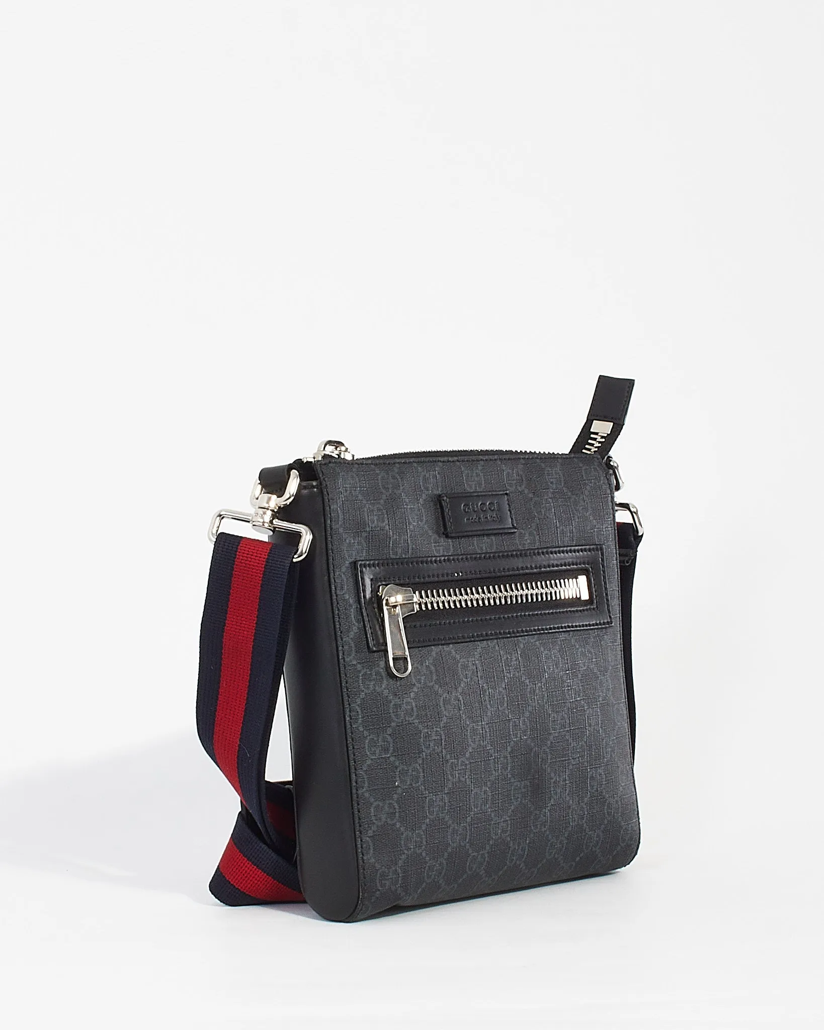 Gucci Black GG Supreme Monogram Canvas Small Web Flat Messenger Bag