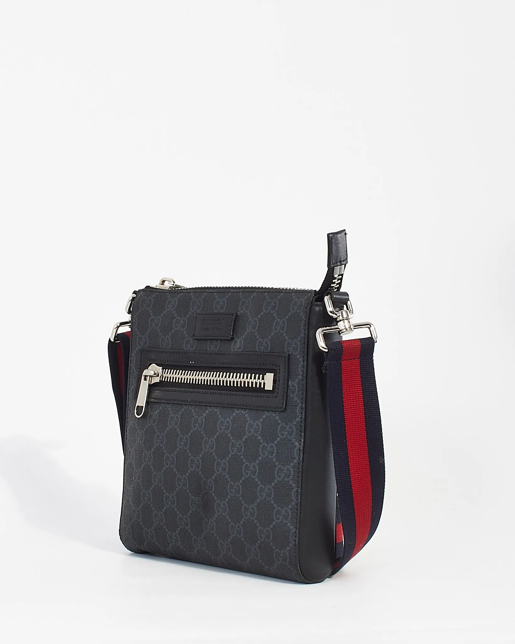 Gucci Black GG Supreme Monogram Canvas Small Web Flat Messenger Bag
