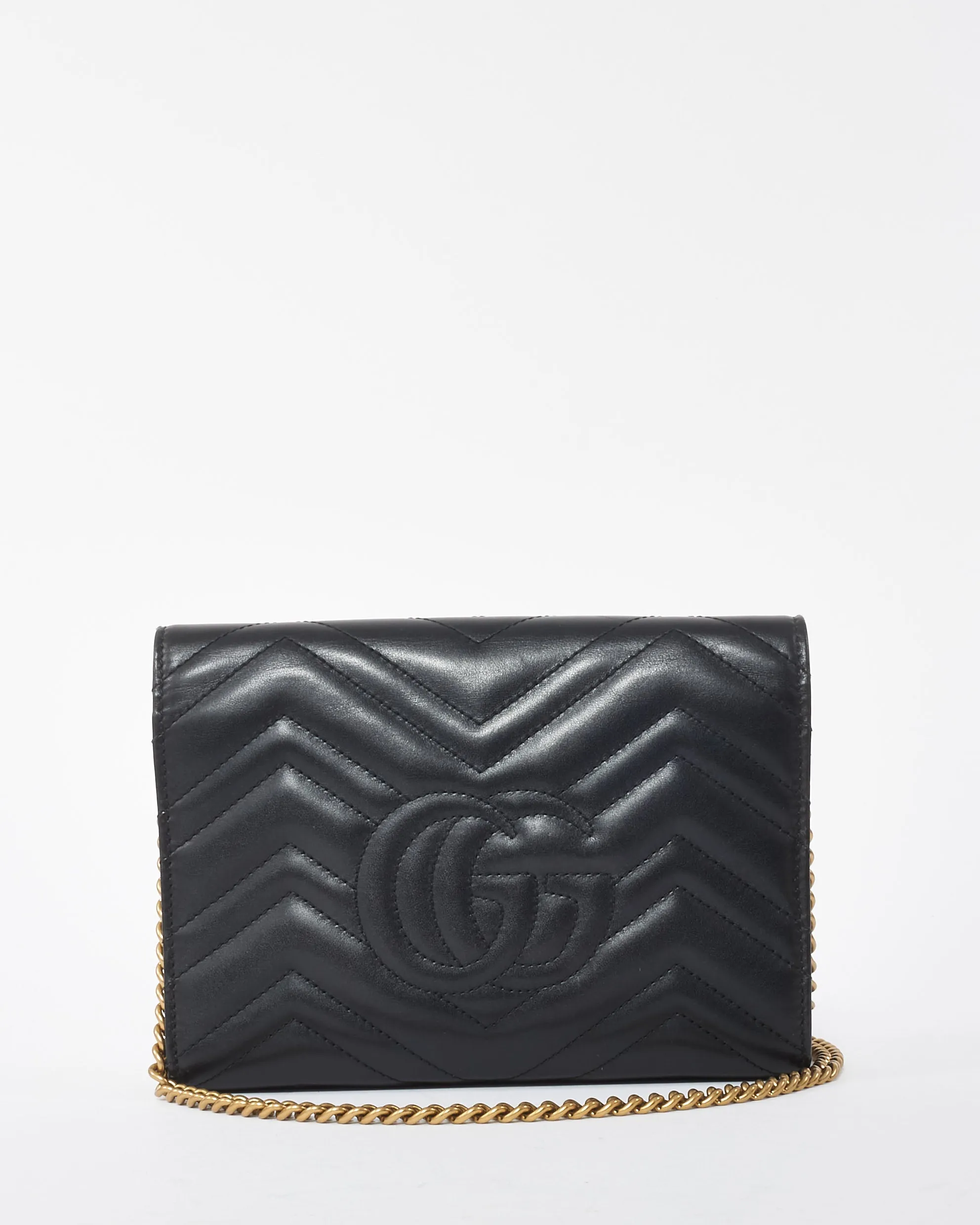 Gucci Black Matelassé Chevron Leather GG Marmont Wallet on Chain