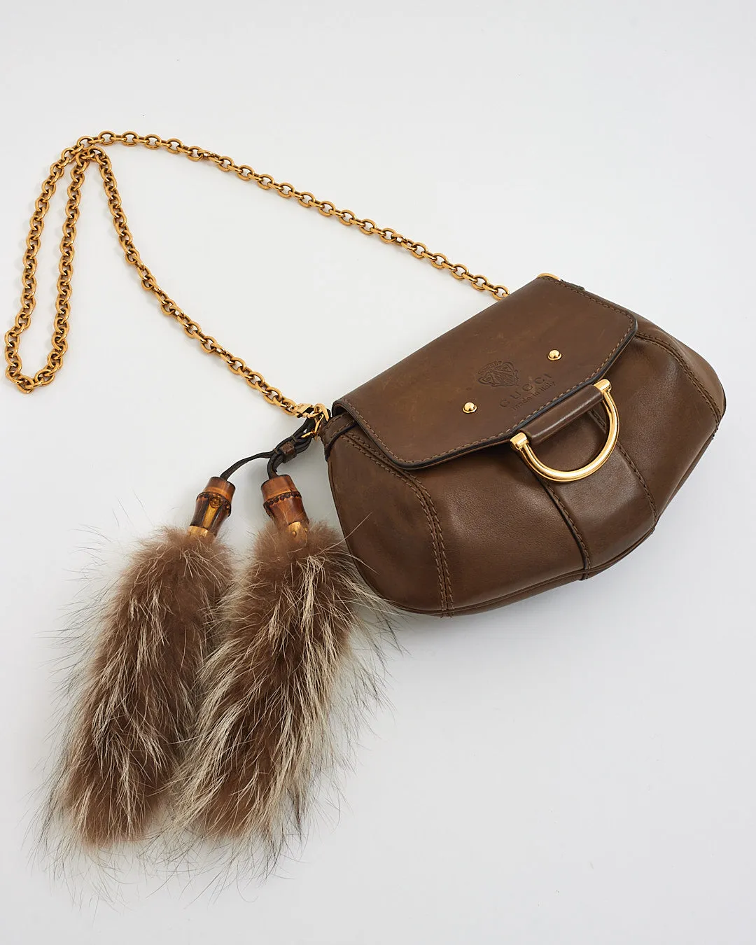 Gucci Brown Leather Racoon Fur Small Smilla Chain Shoulder Bag