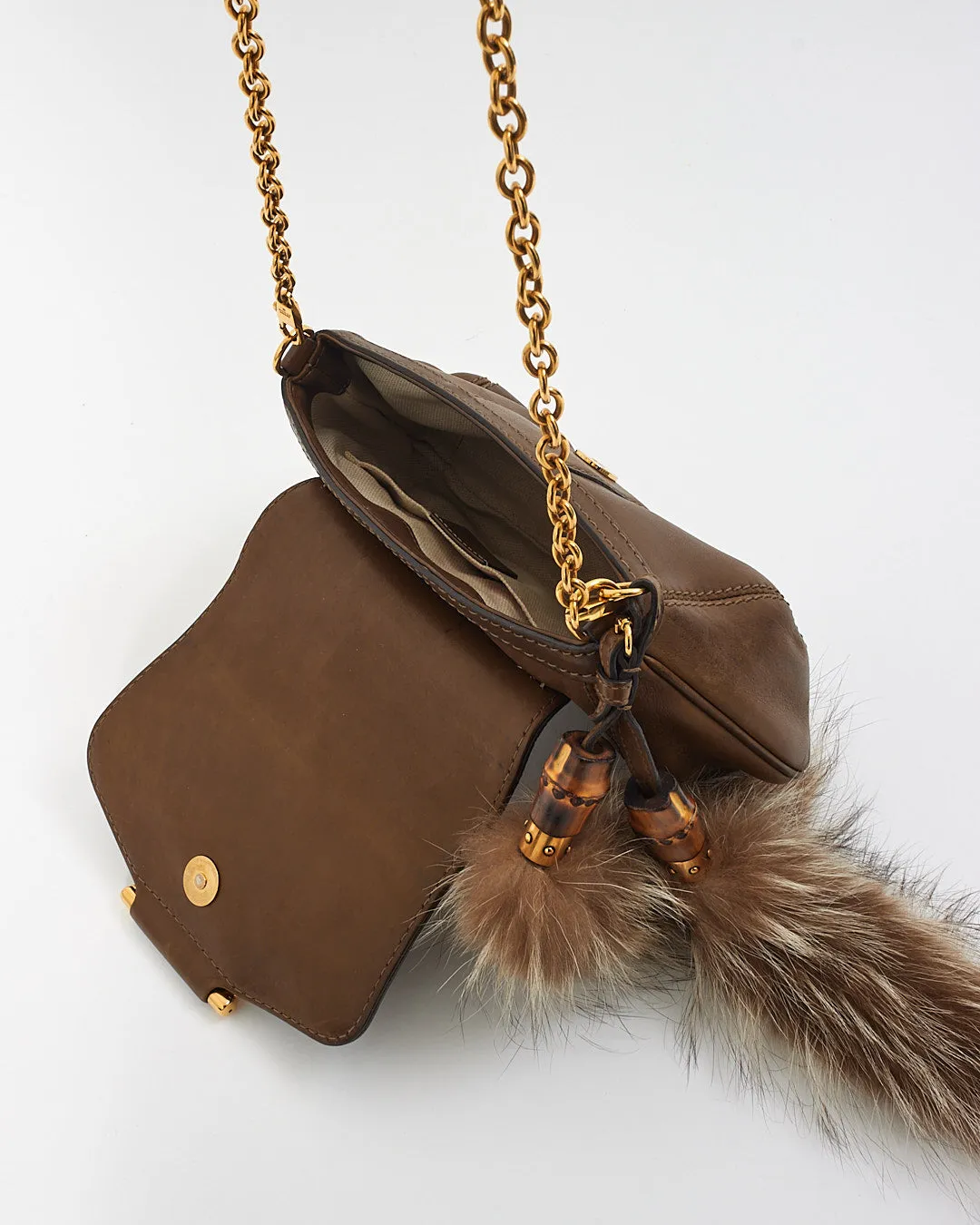 Gucci Brown Leather Racoon Fur Small Smilla Chain Shoulder Bag