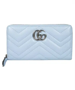 Gucci GG Marmont Ice Light Chevron Blue Continental Wallet Blue Leather New