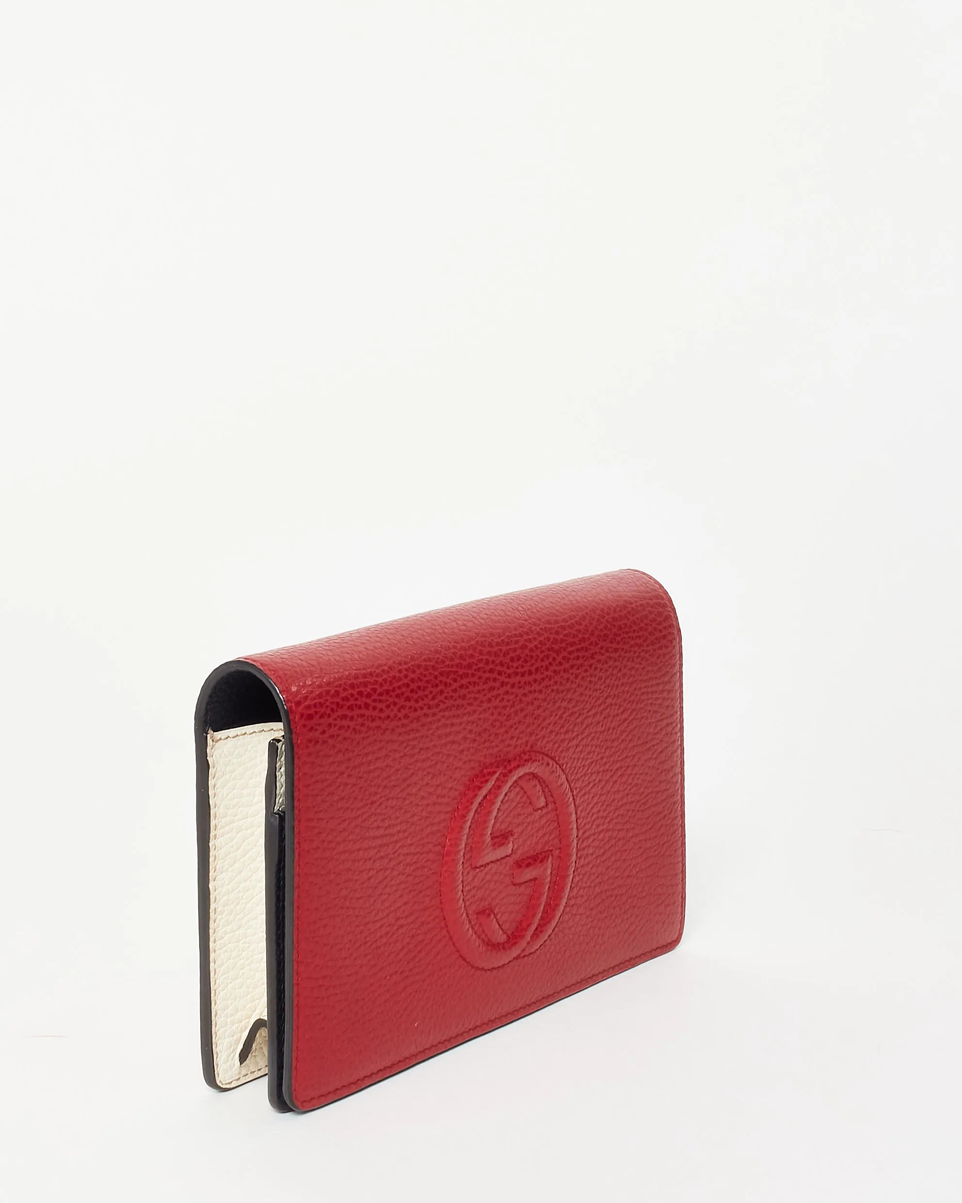 Gucci GG Red White & Dark Navy Blue Embossed Soho Logo Wallet On Chain