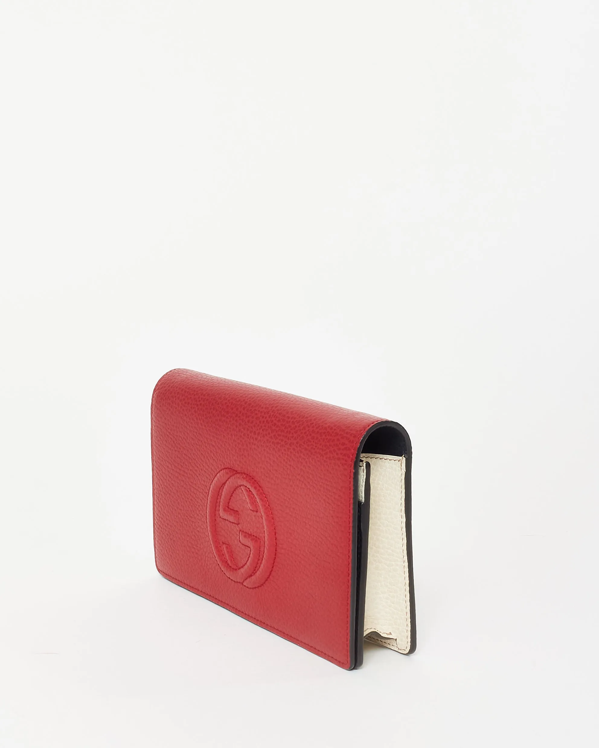Gucci GG Red White & Dark Navy Blue Embossed Soho Logo Wallet On Chain