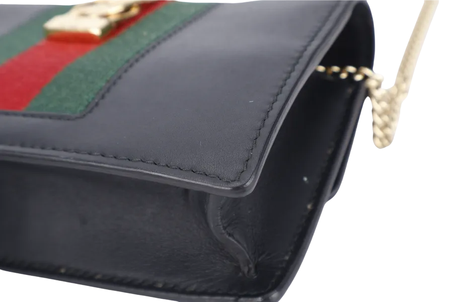 GUCCI SYLVIE WALLET ON CHAIN BLACK SUPER MINI GOLD HARDWARE NO DUST COVER