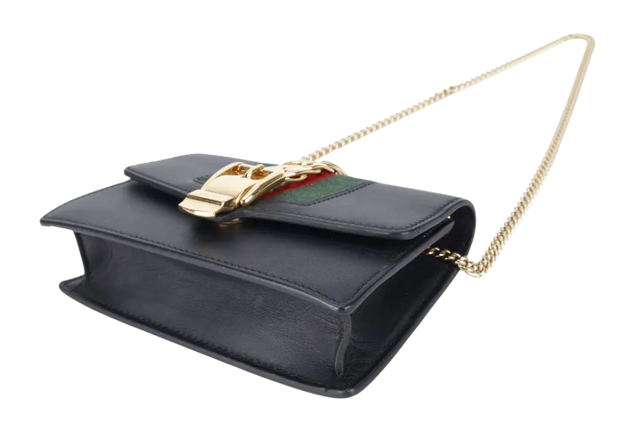 GUCCI SYLVIE WALLET ON CHAIN BLACK SUPER MINI GOLD HARDWARE NO DUST COVER
