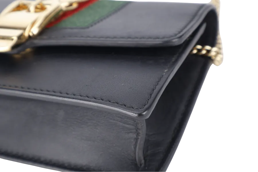 GUCCI SYLVIE WALLET ON CHAIN BLACK SUPER MINI GOLD HARDWARE NO DUST COVER