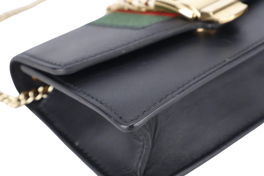GUCCI SYLVIE WALLET ON CHAIN BLACK SUPER MINI GOLD HARDWARE NO DUST COVER
