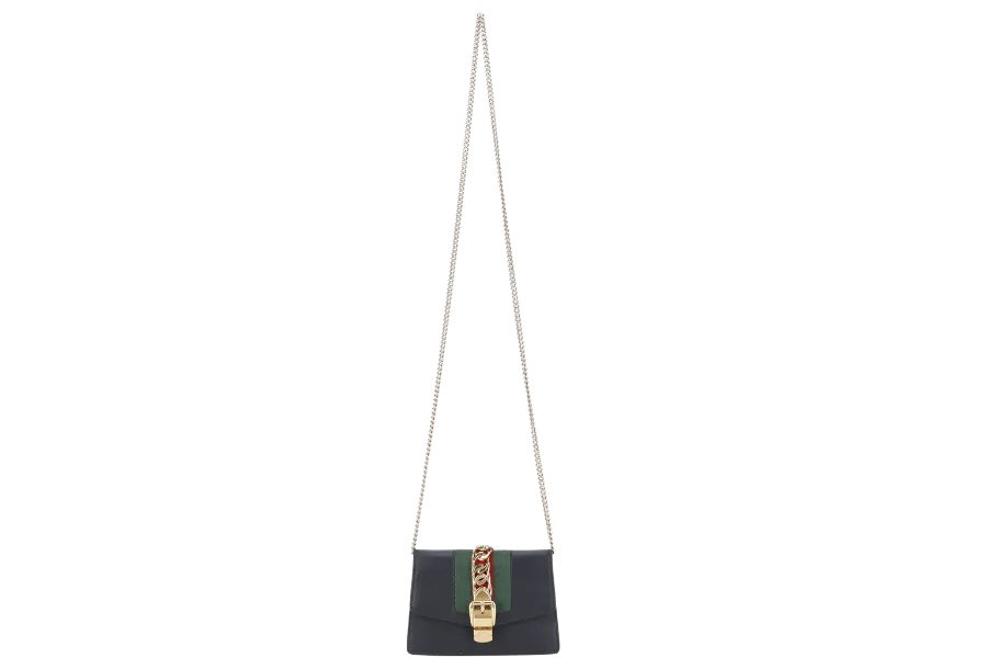 GUCCI SYLVIE WALLET ON CHAIN BLACK SUPER MINI GOLD HARDWARE NO DUST COVER