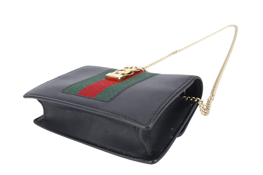 GUCCI SYLVIE WALLET ON CHAIN BLACK SUPER MINI GOLD HARDWARE NO DUST COVER