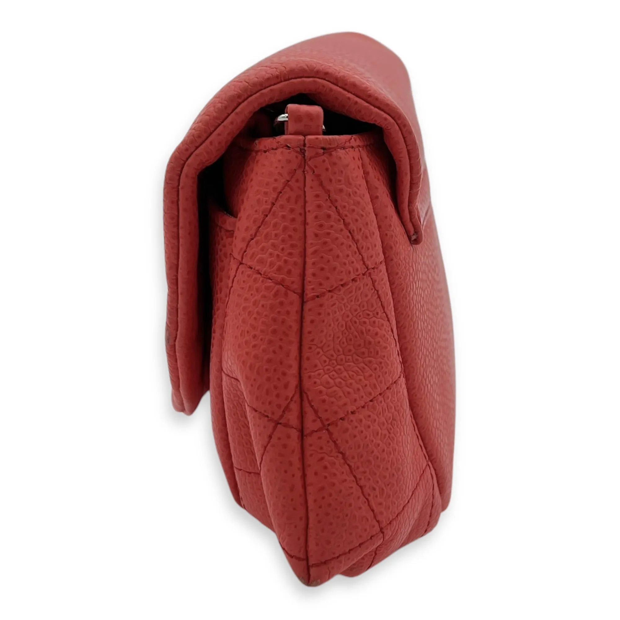 Half Moon Wallet On Chain Red in Caviar Leather, Silver hardware
