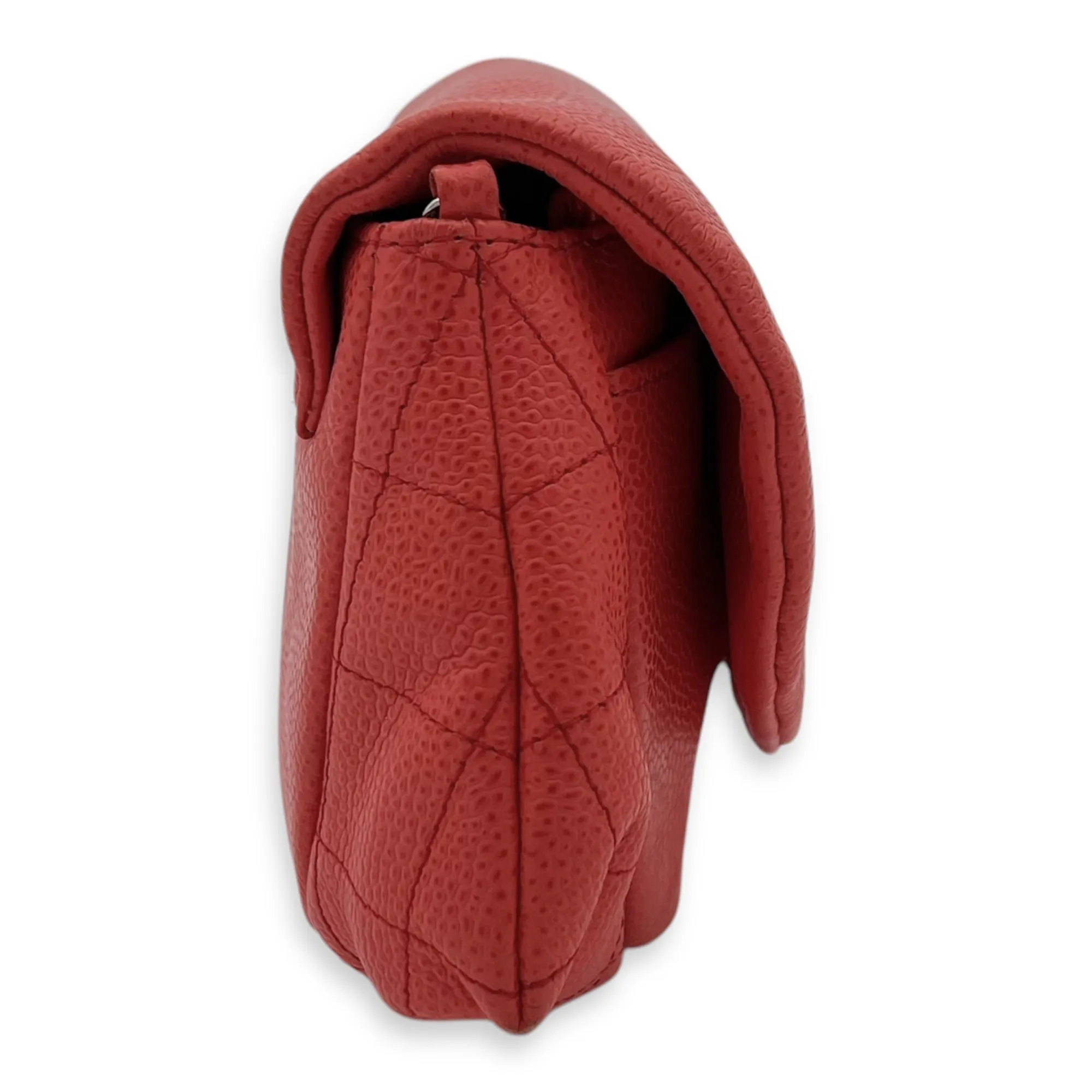 Half Moon Wallet On Chain Red in Caviar Leather, Silver hardware