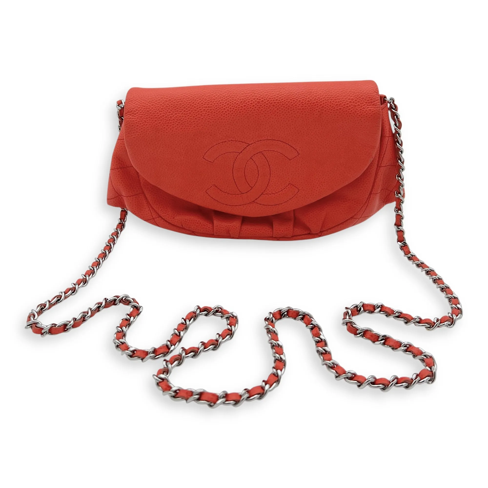 Half Moon Wallet On Chain Red in Caviar Leather, Silver hardware