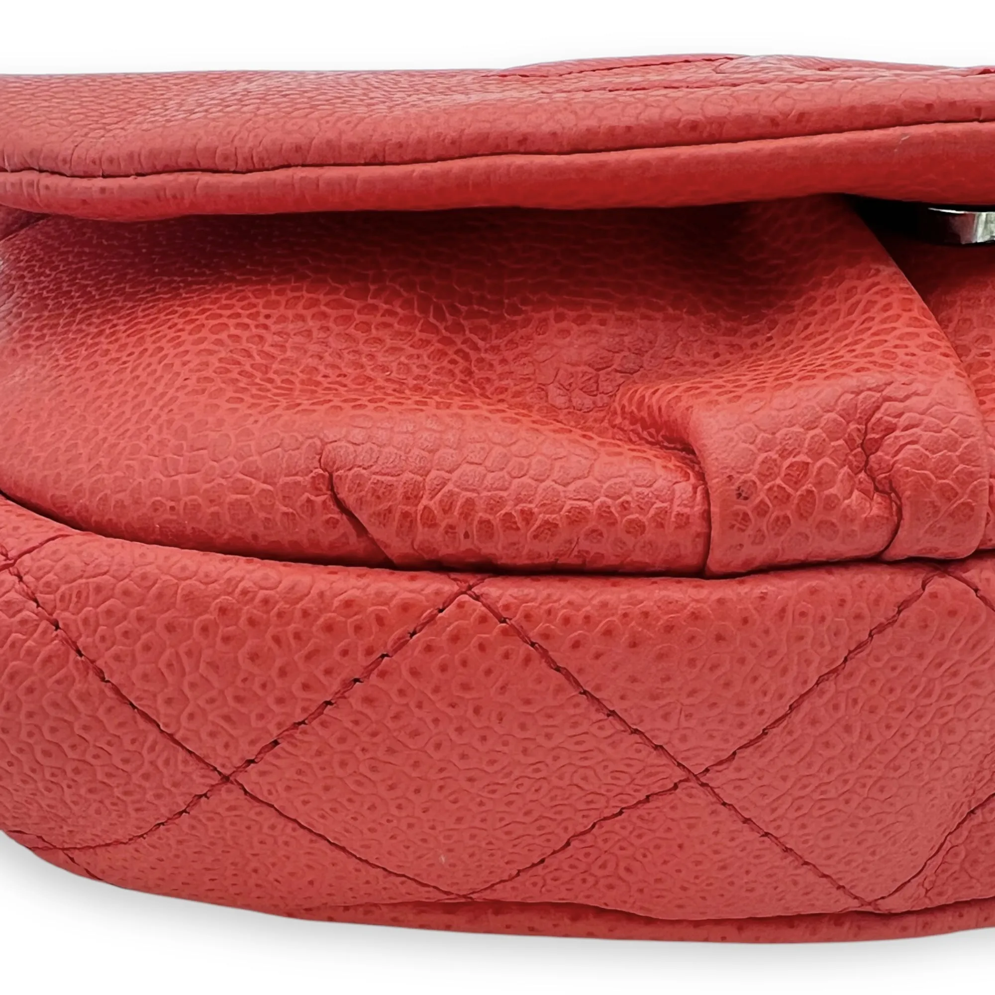 Half Moon Wallet On Chain Red in Caviar Leather, Silver hardware