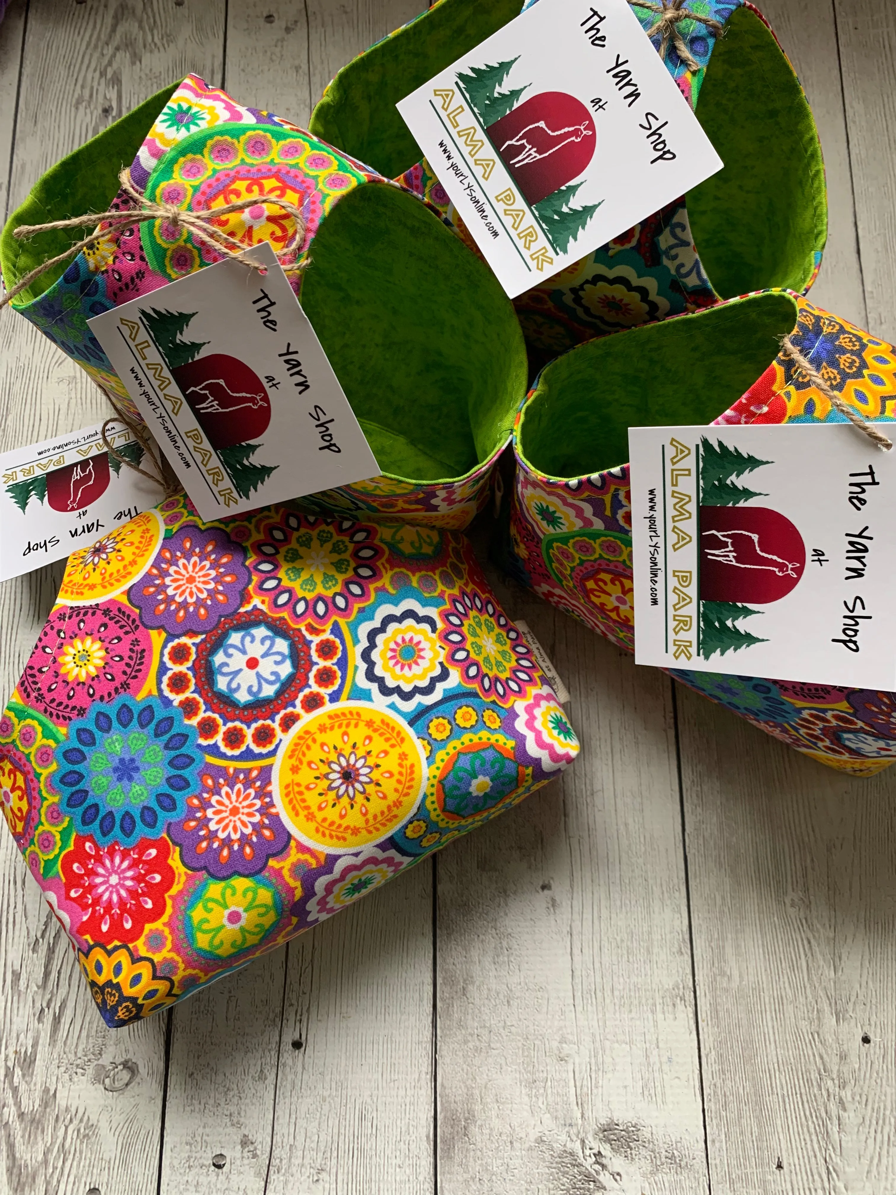 Handle Project Bag by Rose (Small)- Perfect for SOCK Knitters -  Colorful Mandalas / Chartreuse