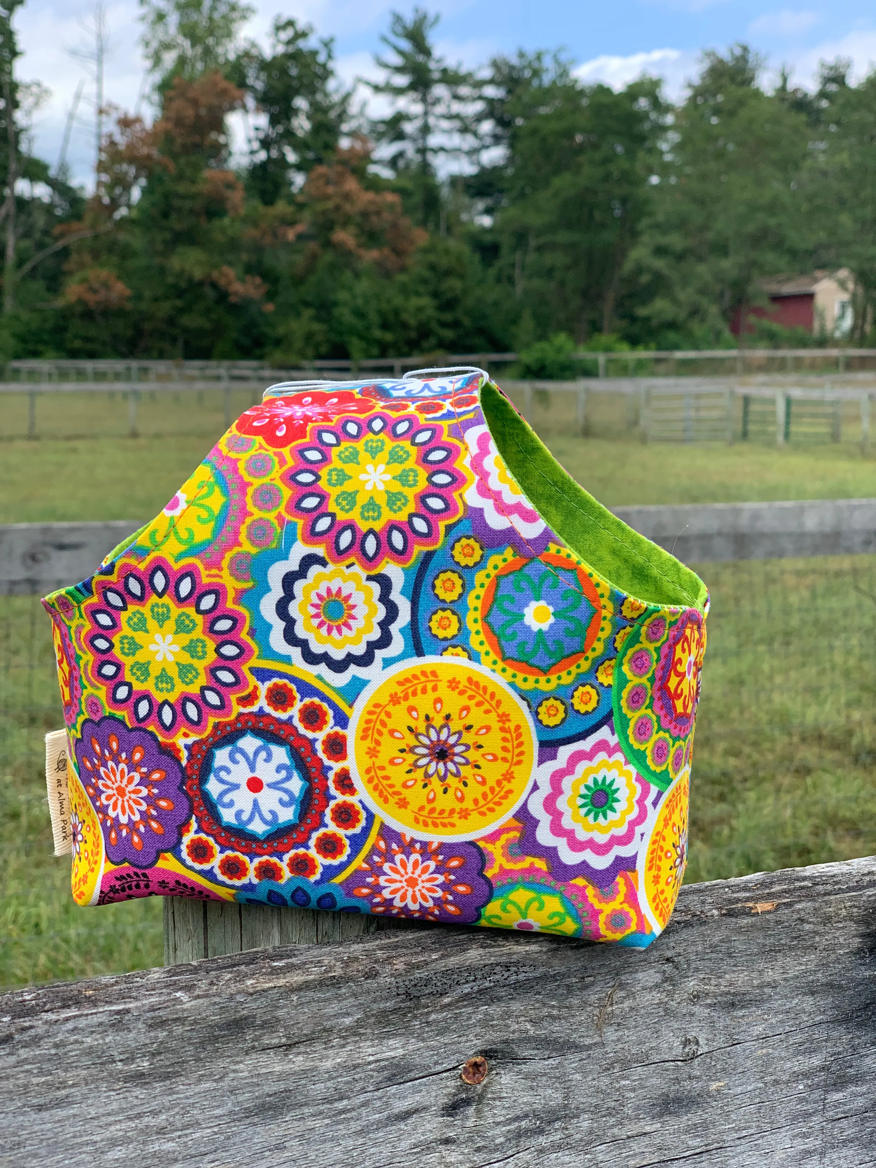 Handle Project Bag by Rose (Small)- Perfect for SOCK Knitters -  Colorful Mandalas / Chartreuse
