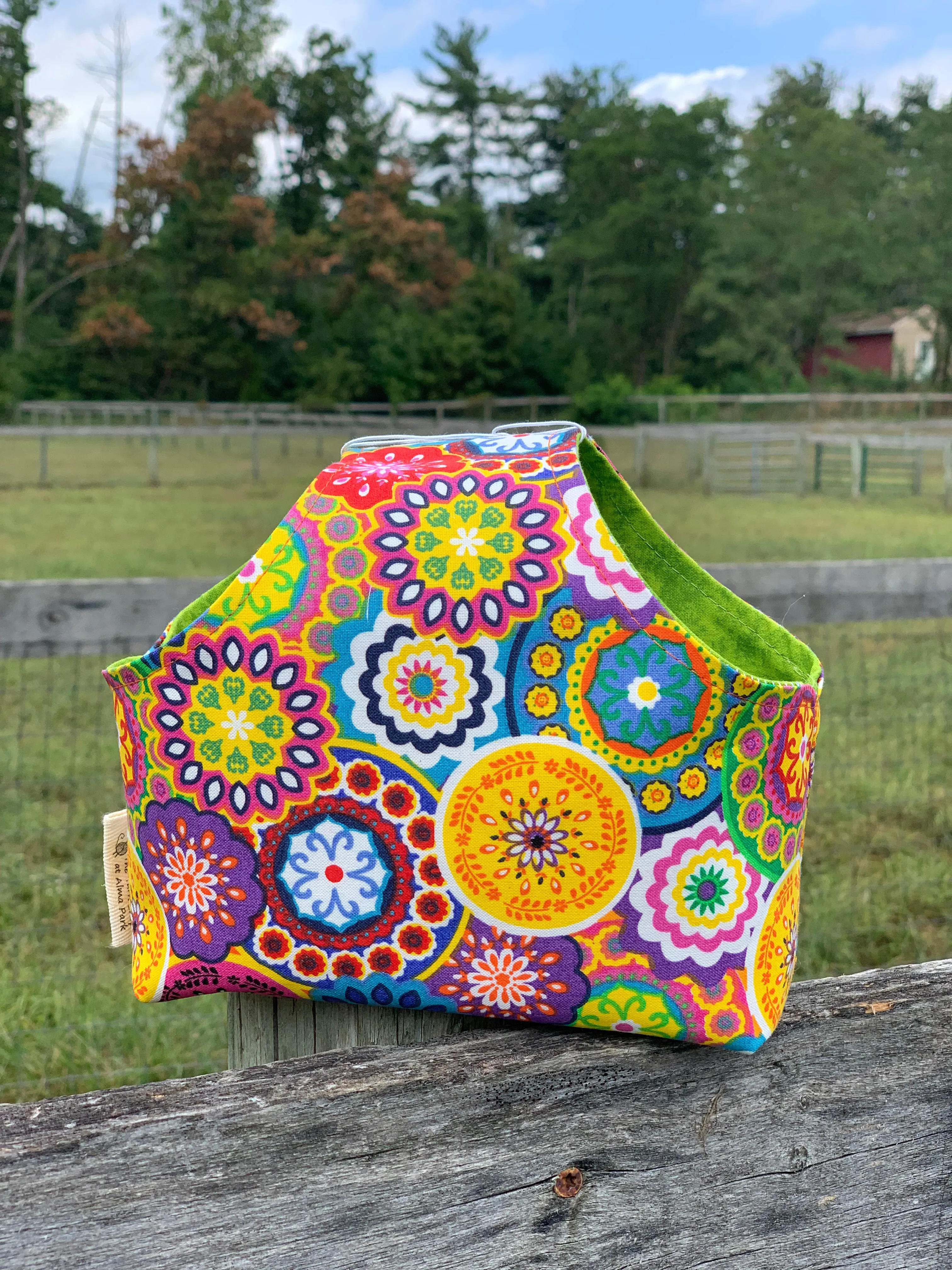 Handle Project Bag by Rose (Small)- Perfect for SOCK Knitters -  Colorful Mandalas / Chartreuse