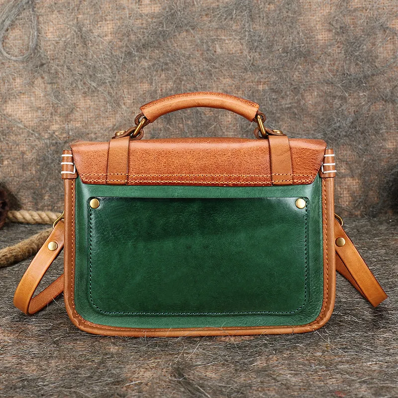 Handmade Black Leather Womens Satchel Shoulder Bag Small School Handbag Crossbody Purses for Ladies