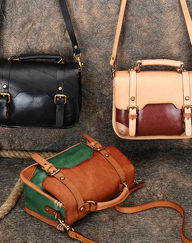 Handmade Black Leather Womens Satchel Shoulder Bag Small School Handbag Crossbody Purses for Ladies