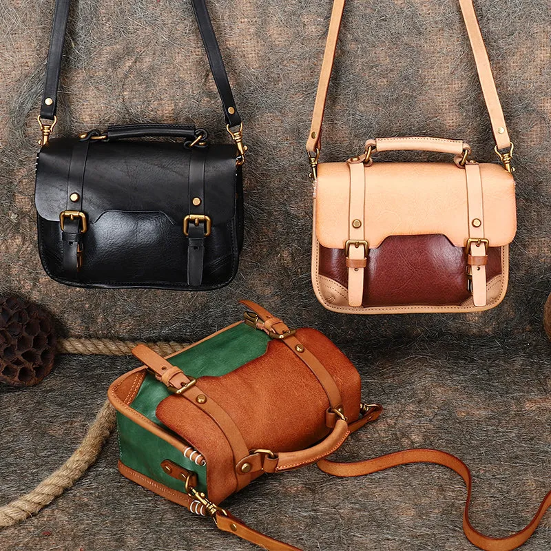 Handmade Black Leather Womens Satchel Shoulder Bag Small School Handbag Crossbody Purses for Ladies