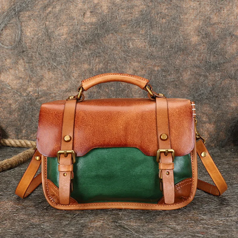 Handmade Black Leather Womens Satchel Shoulder Bag Small School Handbag Crossbody Purses for Ladies