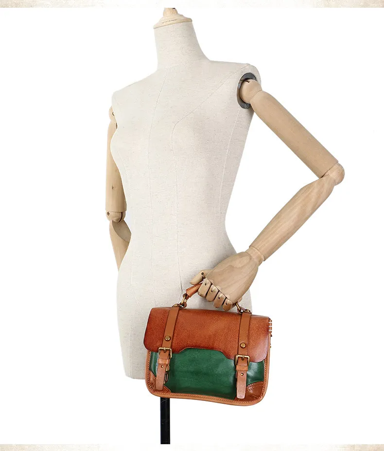Handmade Black Leather Womens Satchel Shoulder Bag Small School Handbag Crossbody Purses for Ladies
