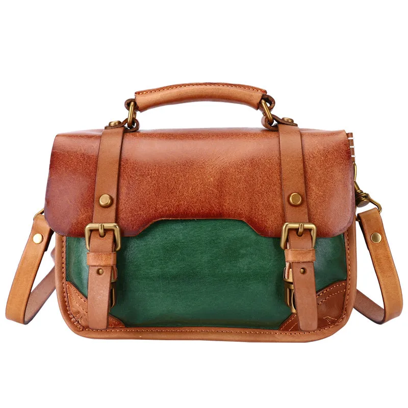 Handmade Black Leather Womens Satchel Shoulder Bag Small School Handbag Crossbody Purses for Ladies