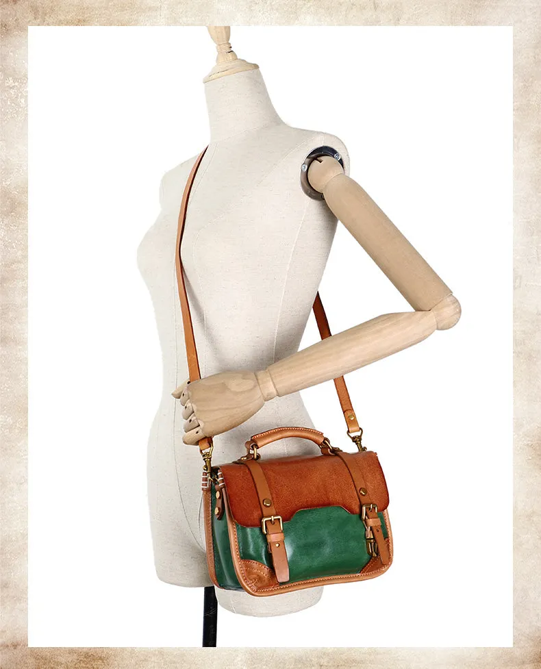Handmade Black Leather Womens Satchel Shoulder Bag Small School Handbag Crossbody Purses for Ladies