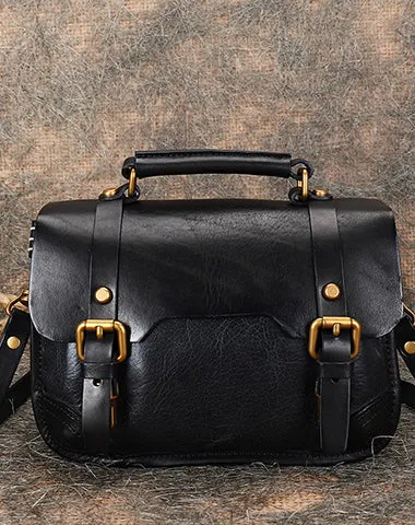 Handmade Black Leather Womens Satchel Shoulder Bag Small School Handbag Crossbody Purses for Ladies