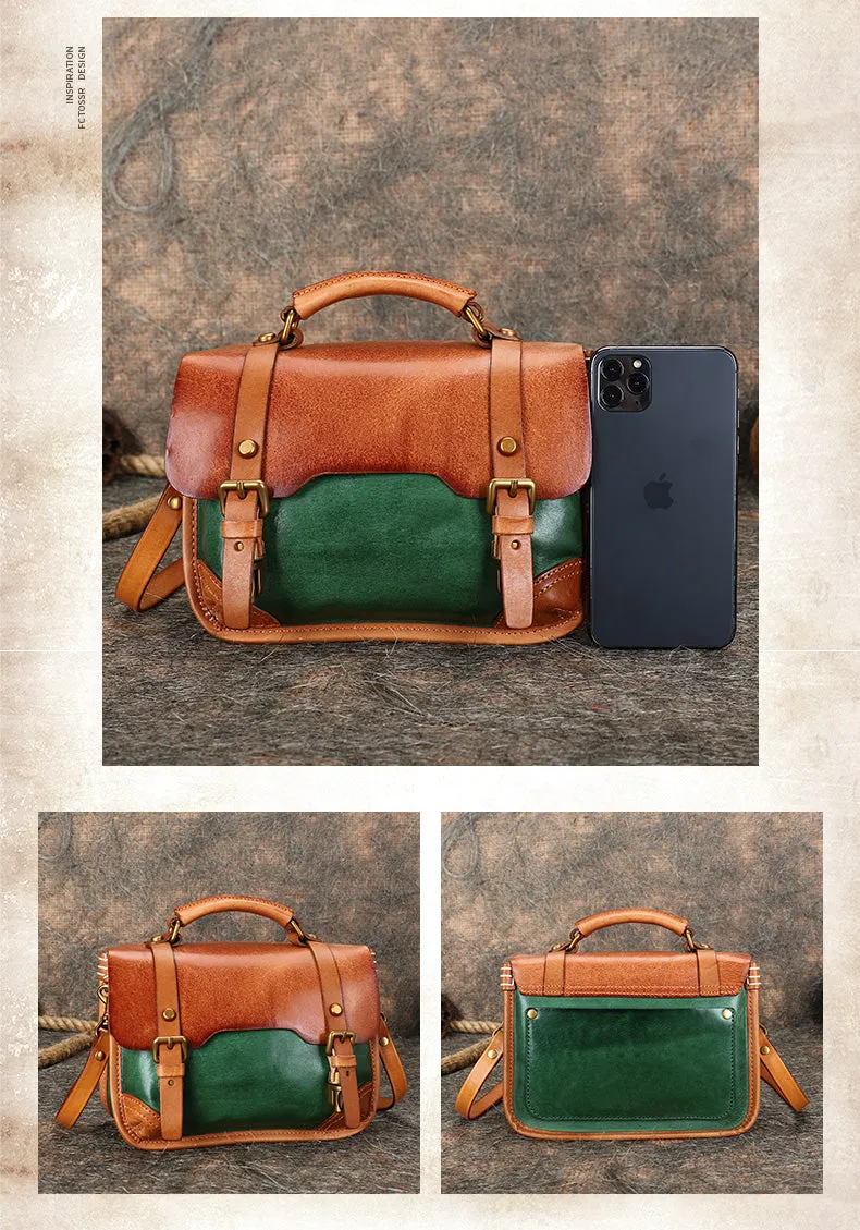Handmade Black Leather Womens Satchel Shoulder Bag Small School Handbag Crossbody Purses for Ladies