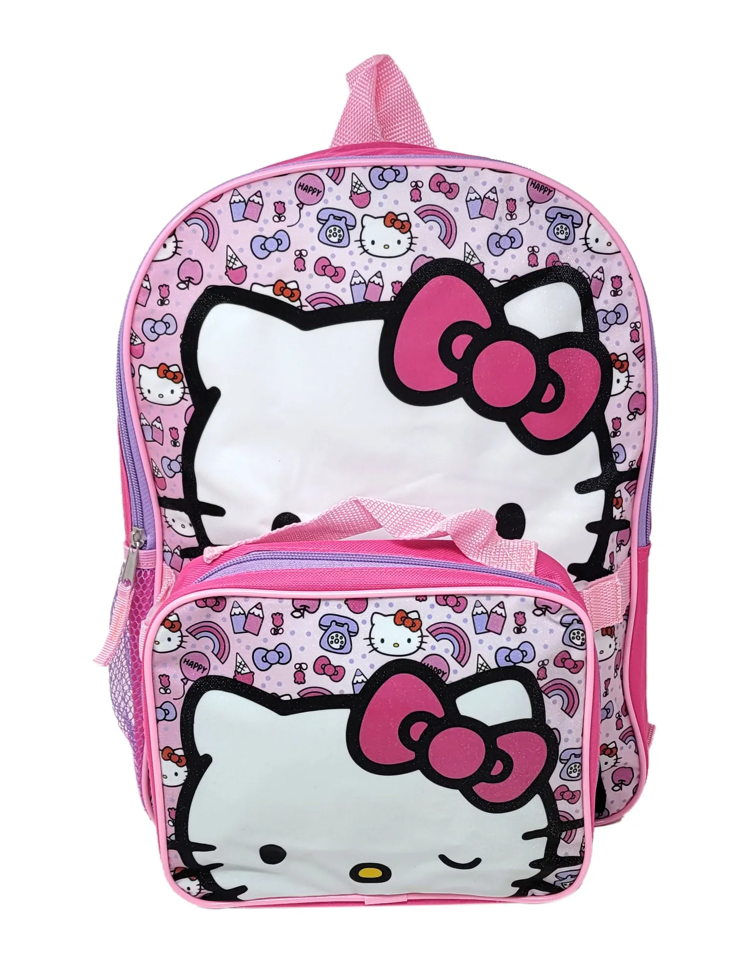Hello Kitty 16" Backpack Rainbows w/ Detachable Insulated Lunch Bag set