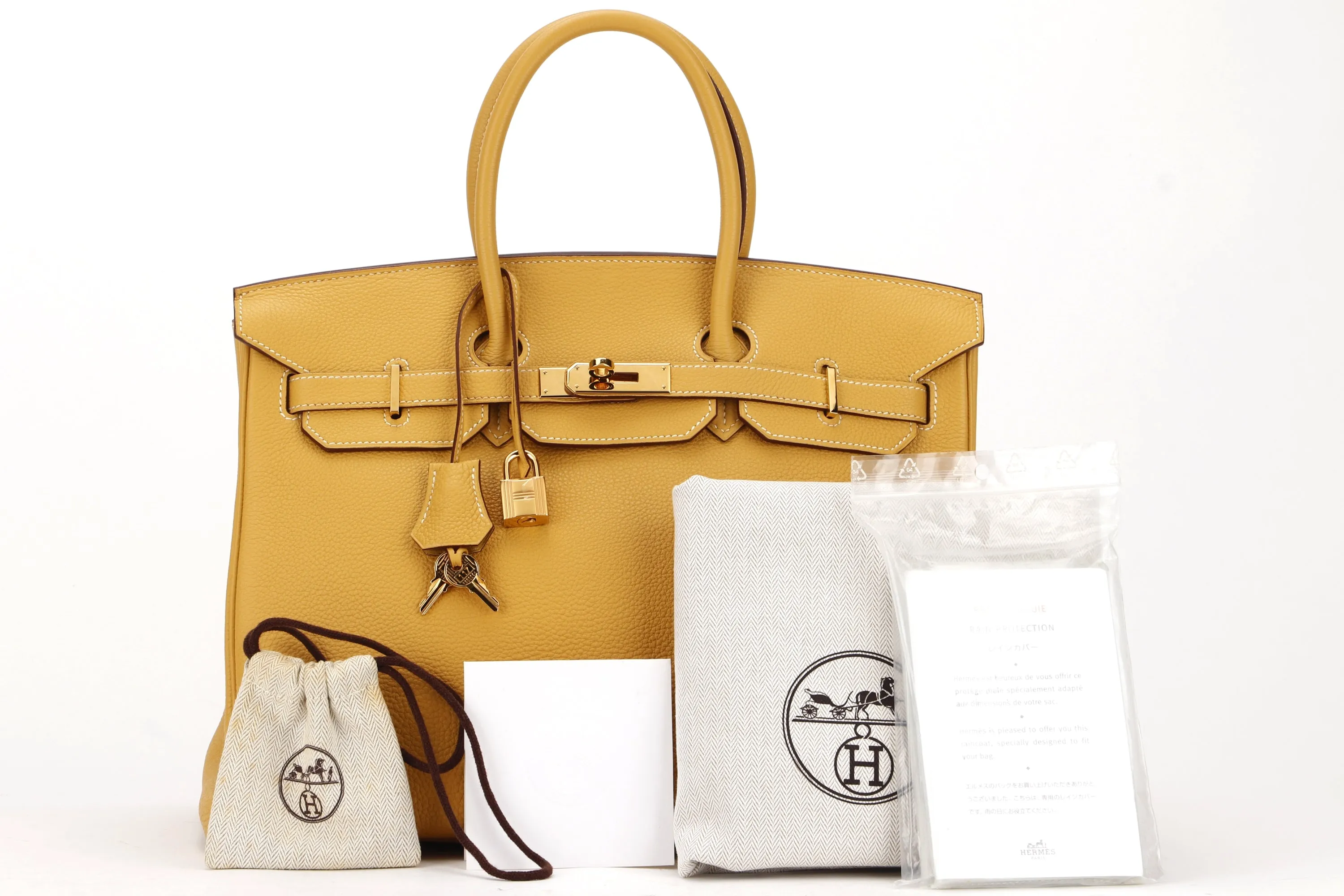 HERMES BIRKIN 35 (STAMP L) MOUTARDE CLEMENCE LEATHER GOLD HARDWARE, WITH KEYS, LOCK, RAINCOAT & DUST COVER