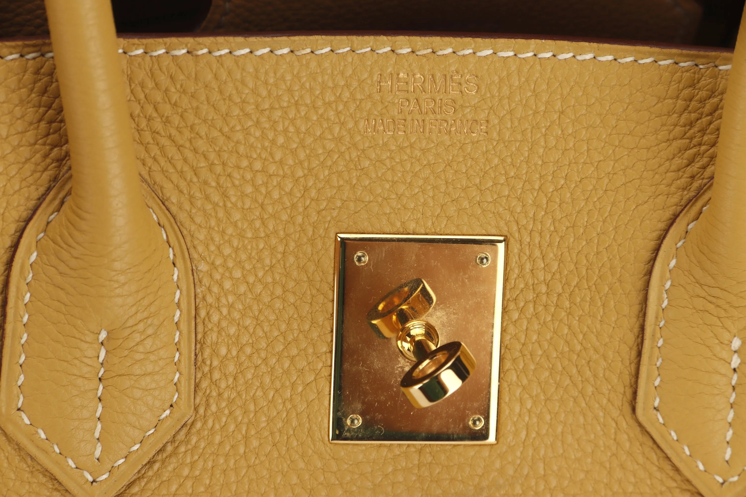 HERMES BIRKIN 35 (STAMP L) MOUTARDE CLEMENCE LEATHER GOLD HARDWARE, WITH KEYS, LOCK, RAINCOAT & DUST COVER