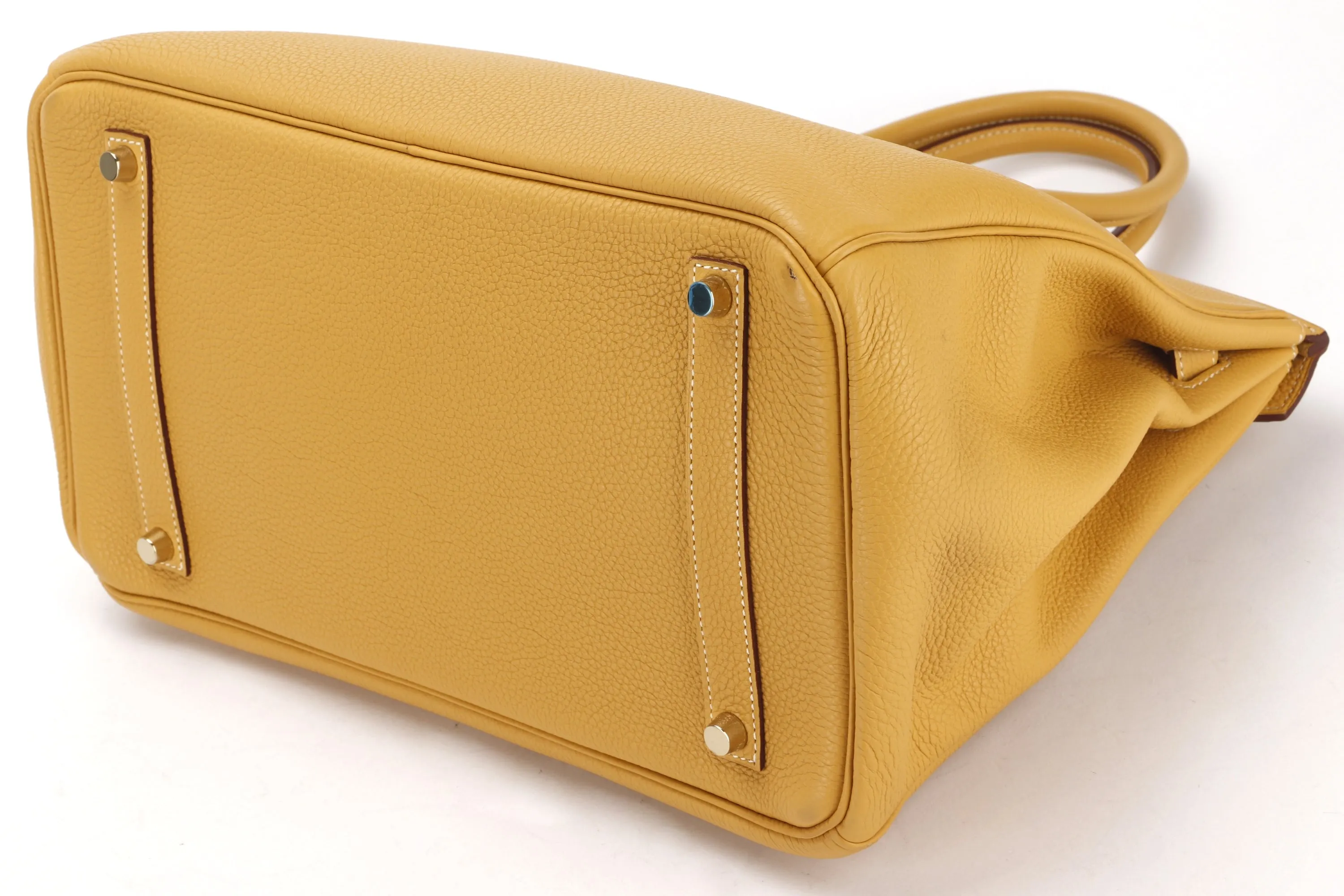 HERMES BIRKIN 35 (STAMP L) MOUTARDE CLEMENCE LEATHER GOLD HARDWARE, WITH KEYS, LOCK, RAINCOAT & DUST COVER