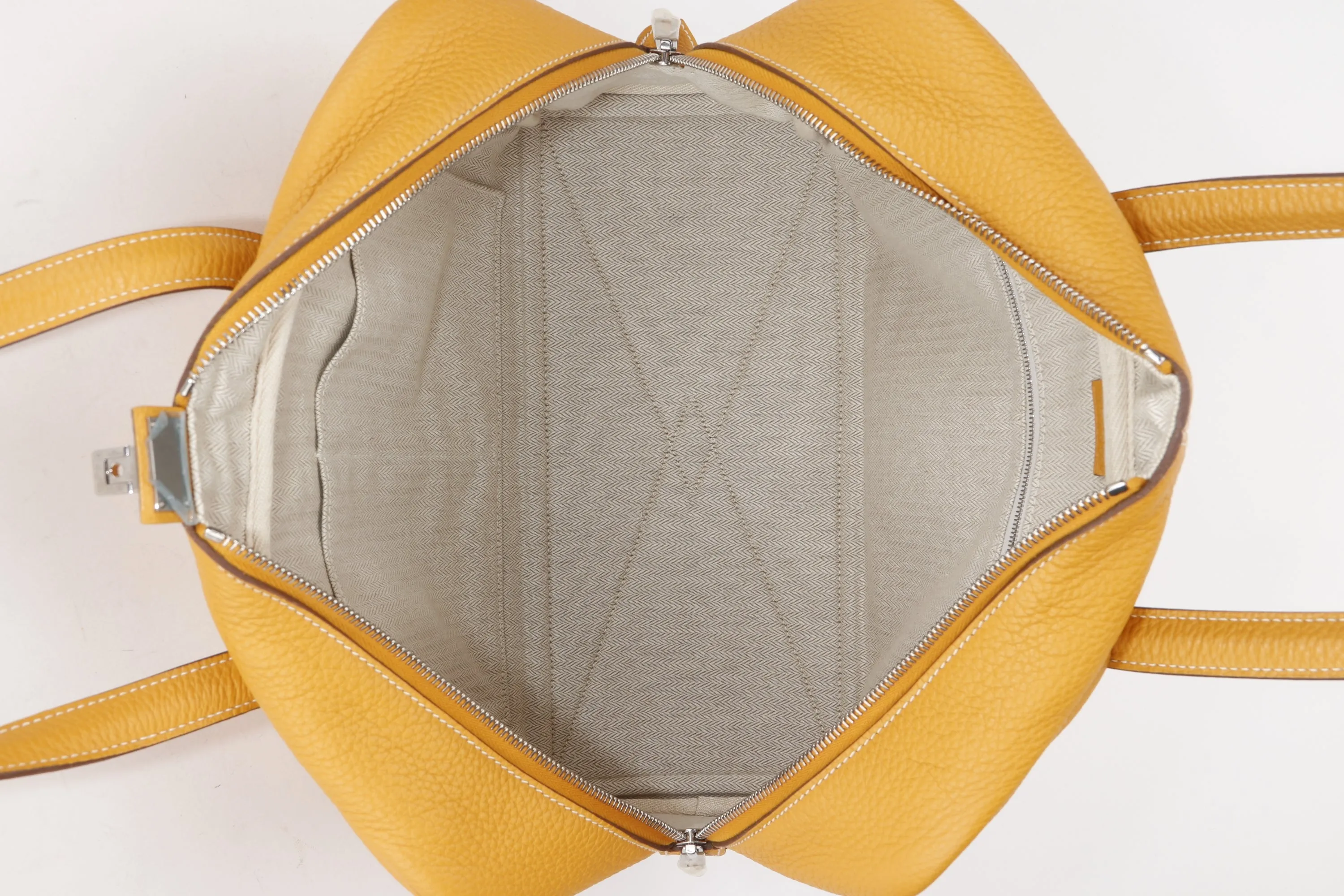 HERMES VICTORIA 34 (STAMP P 2012) MUSTARD CLEMENCE LEATHER SILVER HARDWARE, WITH KEYS, LOCK & DUST COVER