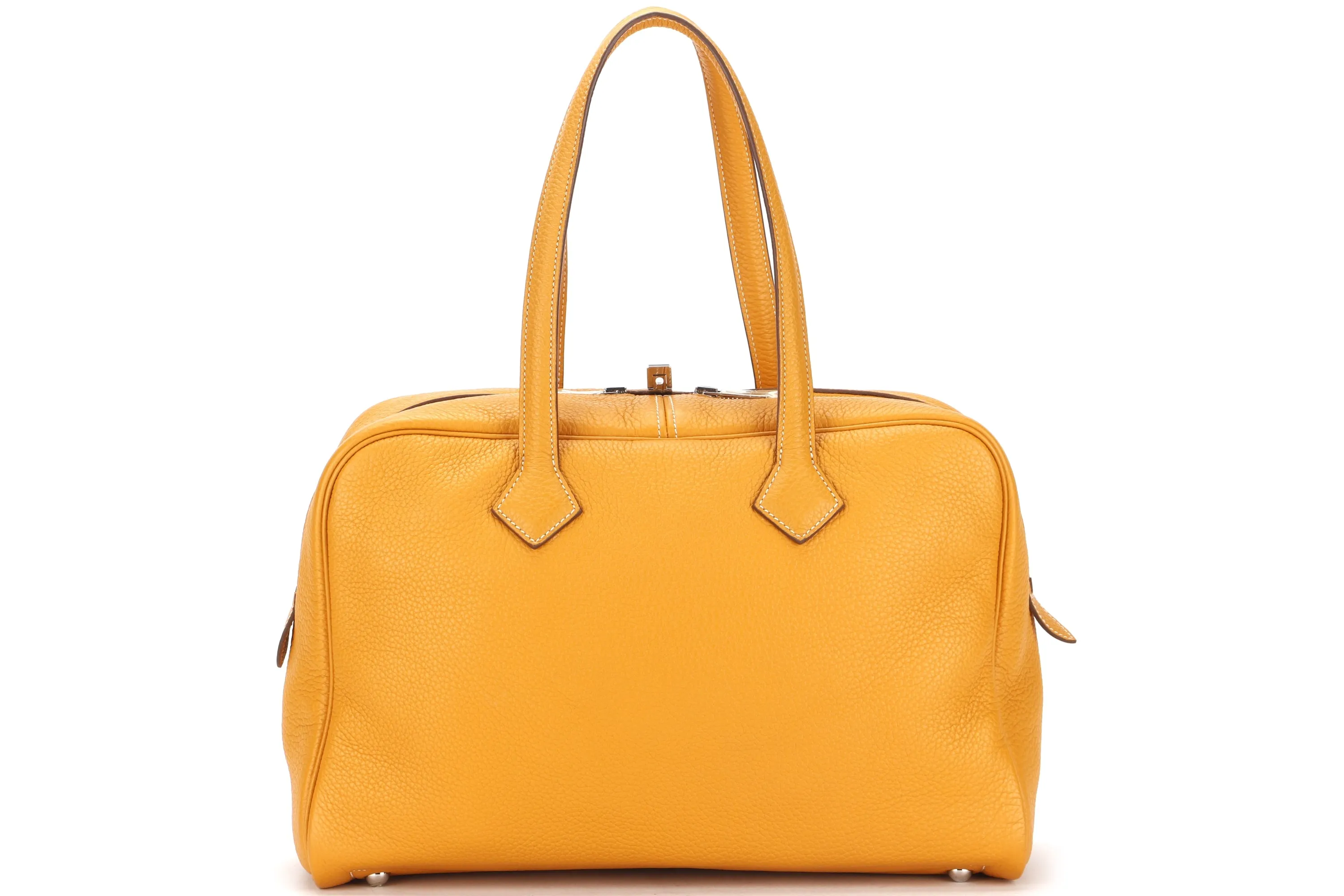 HERMES VICTORIA 34 (STAMP P 2012) MUSTARD CLEMENCE LEATHER SILVER HARDWARE, WITH KEYS, LOCK & DUST COVER