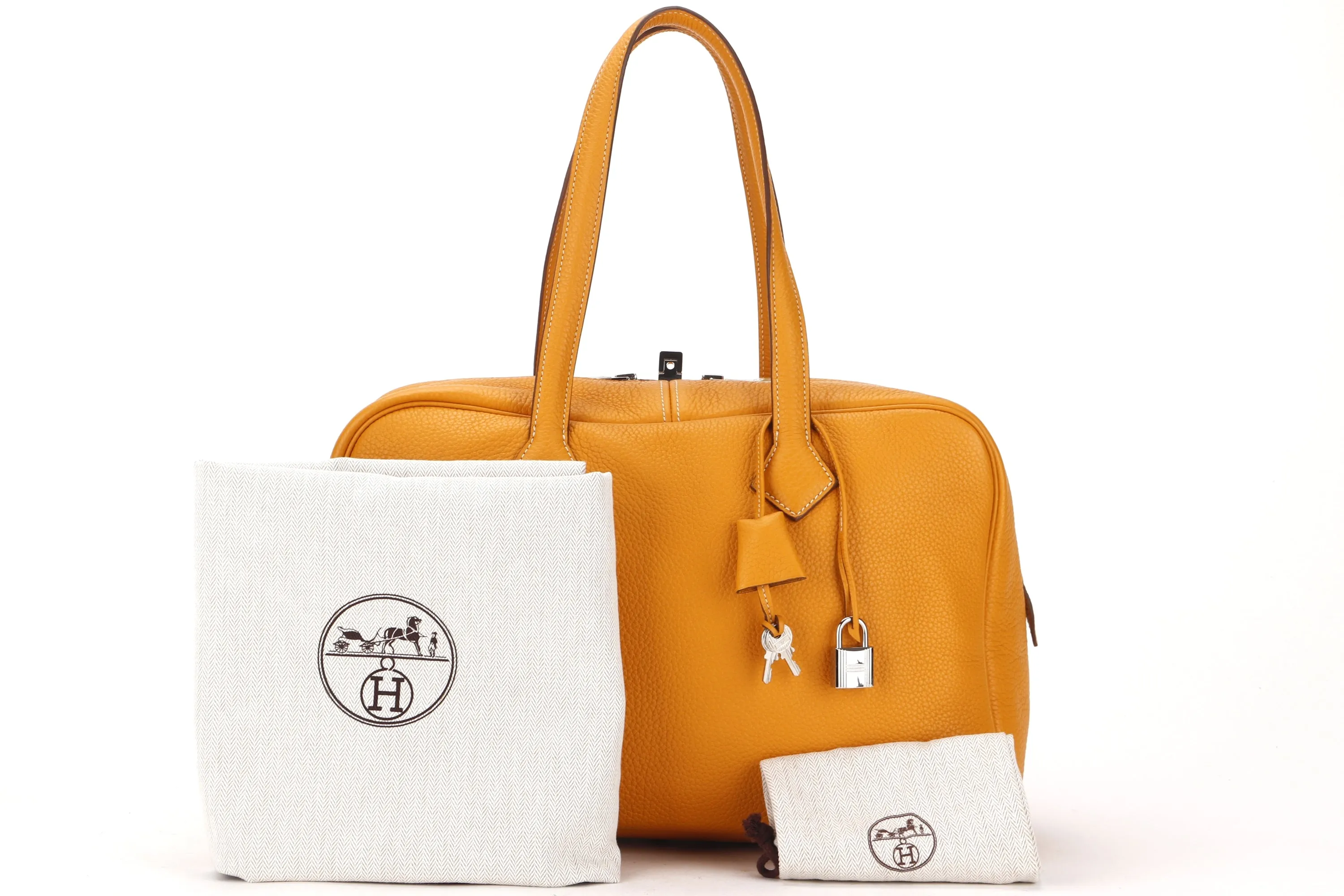 HERMES VICTORIA 34 (STAMP P 2012) MUSTARD CLEMENCE LEATHER SILVER HARDWARE, WITH KEYS, LOCK & DUST COVER