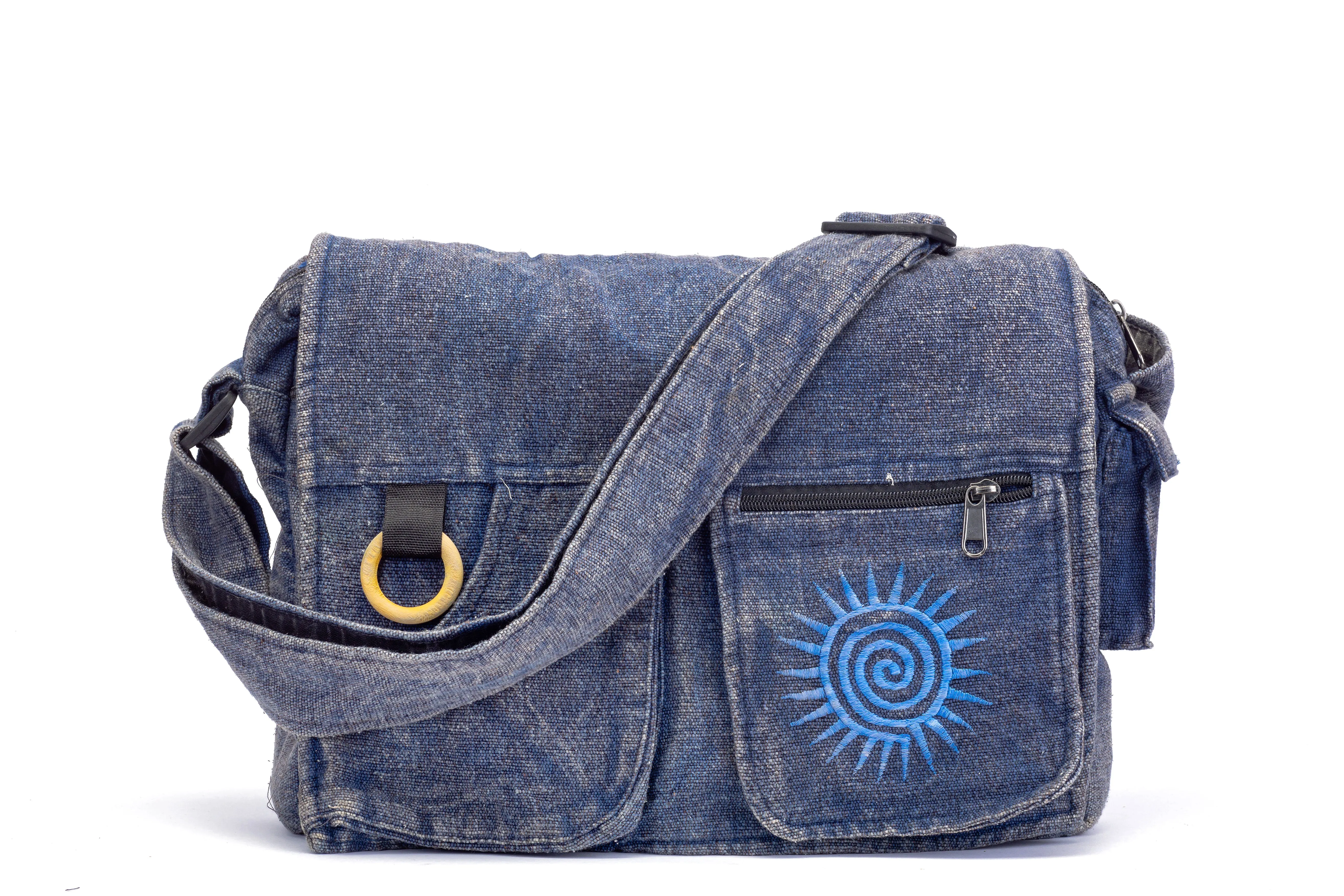 Koshi Blue Stone-Washed Embroidered Laptop Messenger Bag