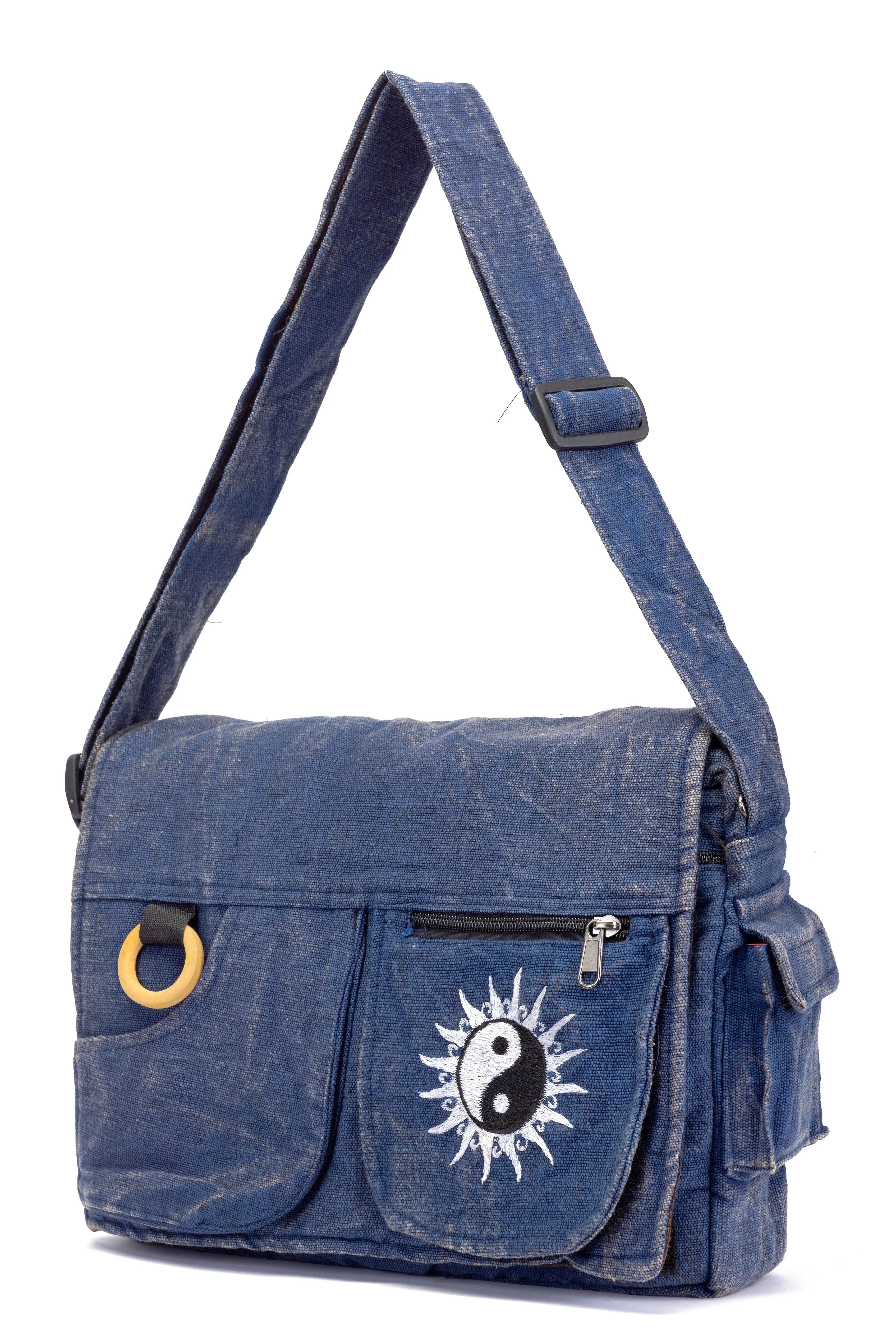 Koshi Blue Stone-Washed Embroidered Laptop Messenger Bag