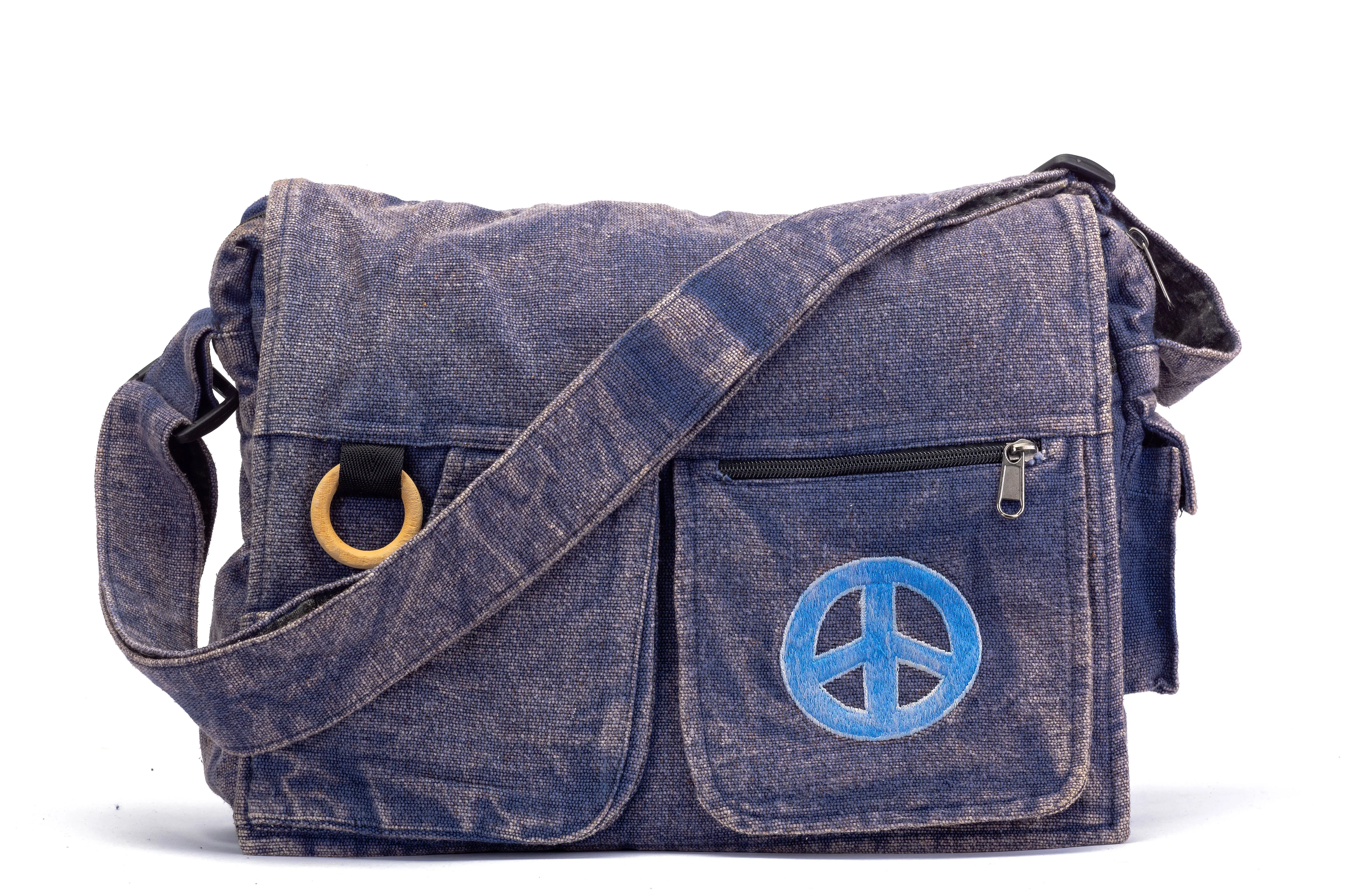 Koshi Blue Stone-Washed Embroidered Laptop Messenger Bag