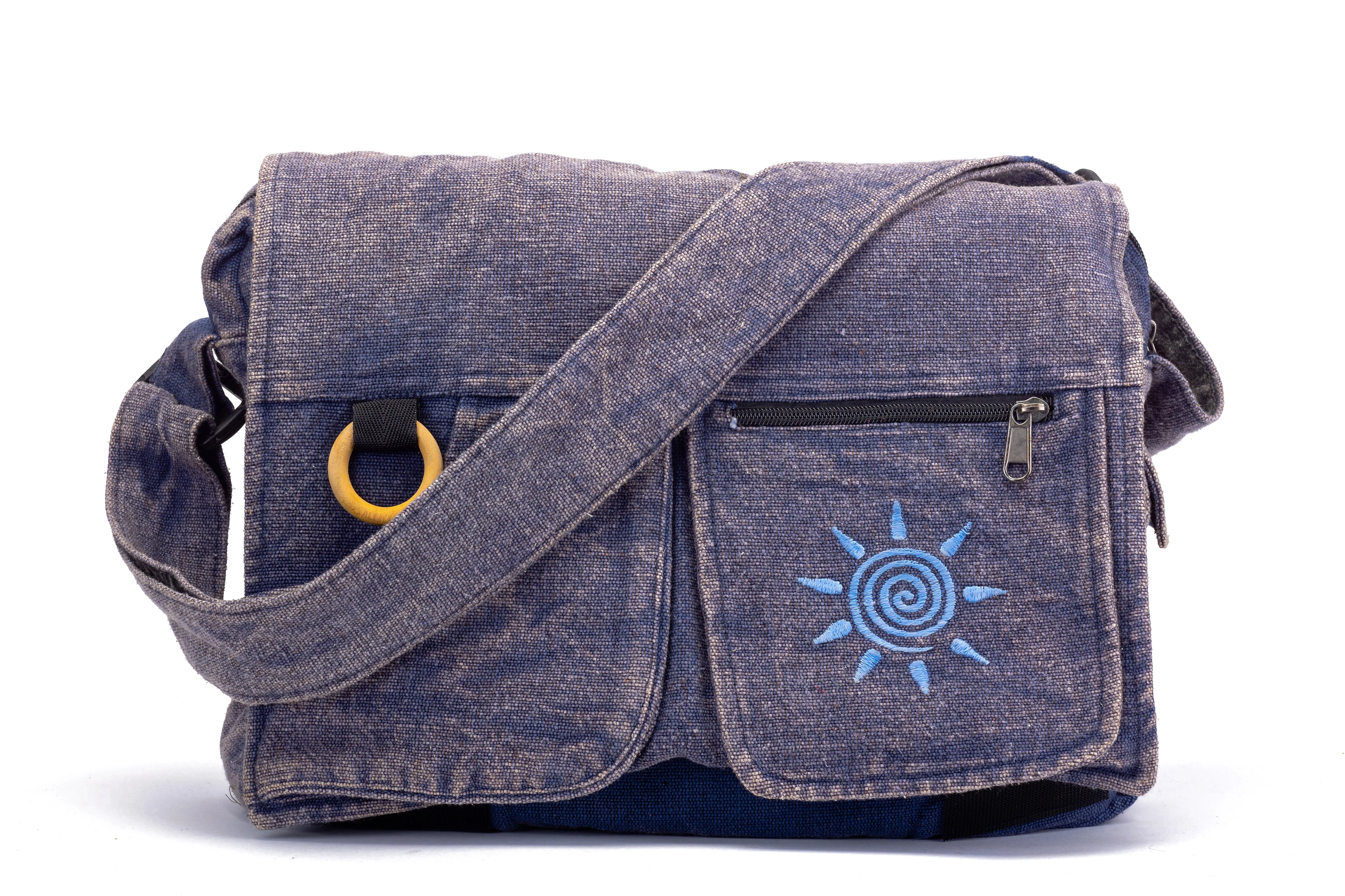 Koshi Blue Stone-Washed Embroidered Laptop Messenger Bag