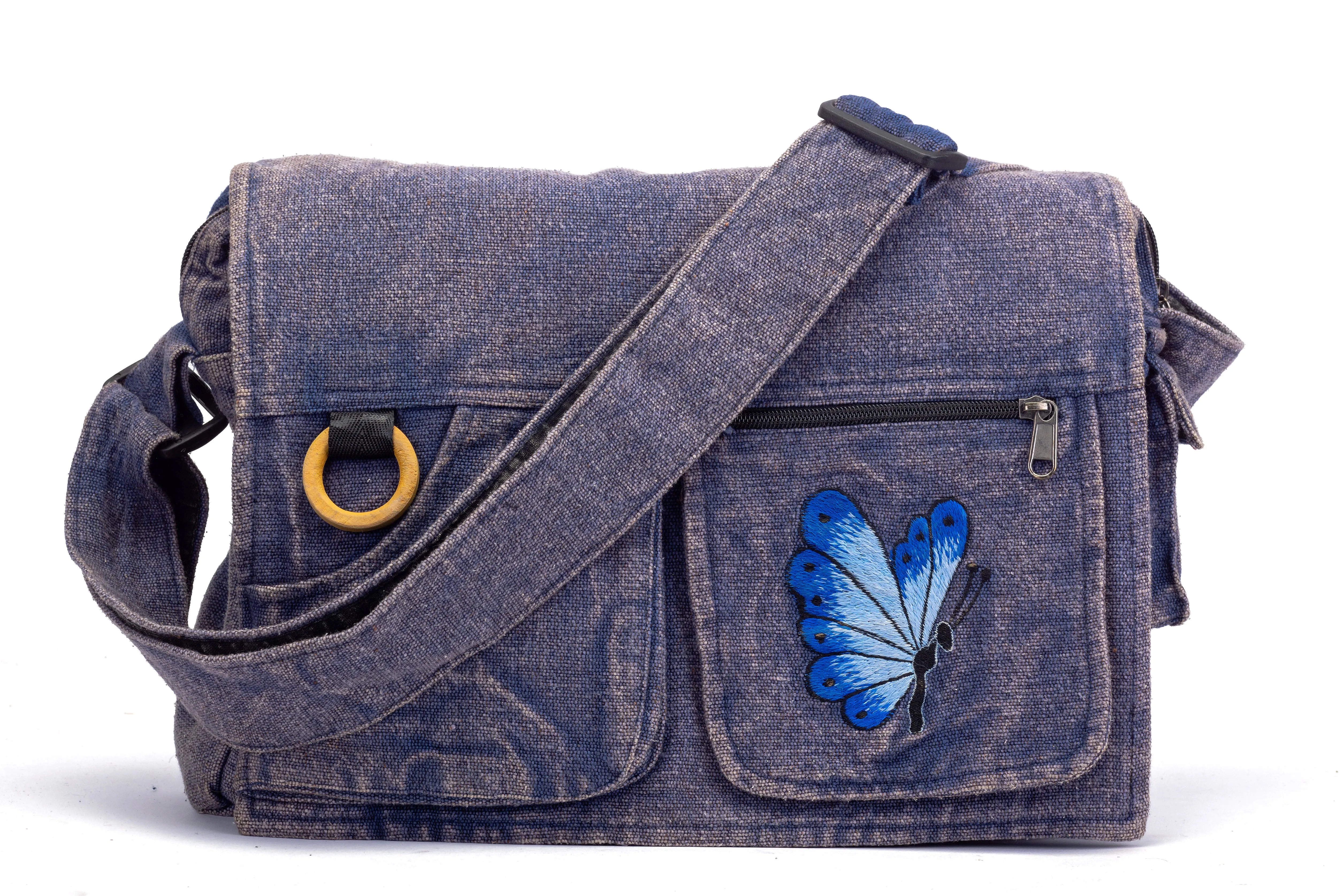 Koshi Blue Stone-Washed Embroidered Laptop Messenger Bag