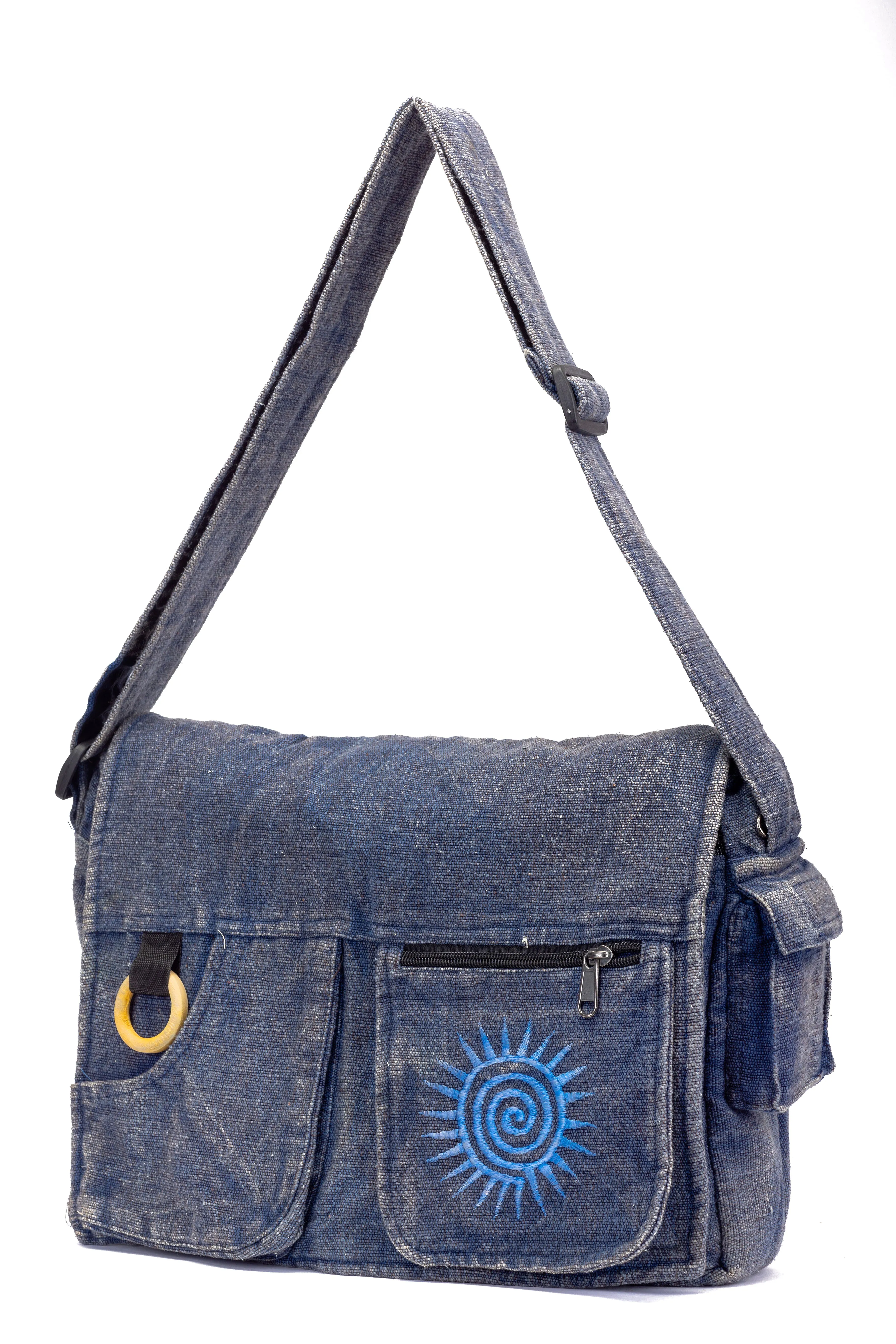 Koshi Blue Stone-Washed Embroidered Laptop Messenger Bag