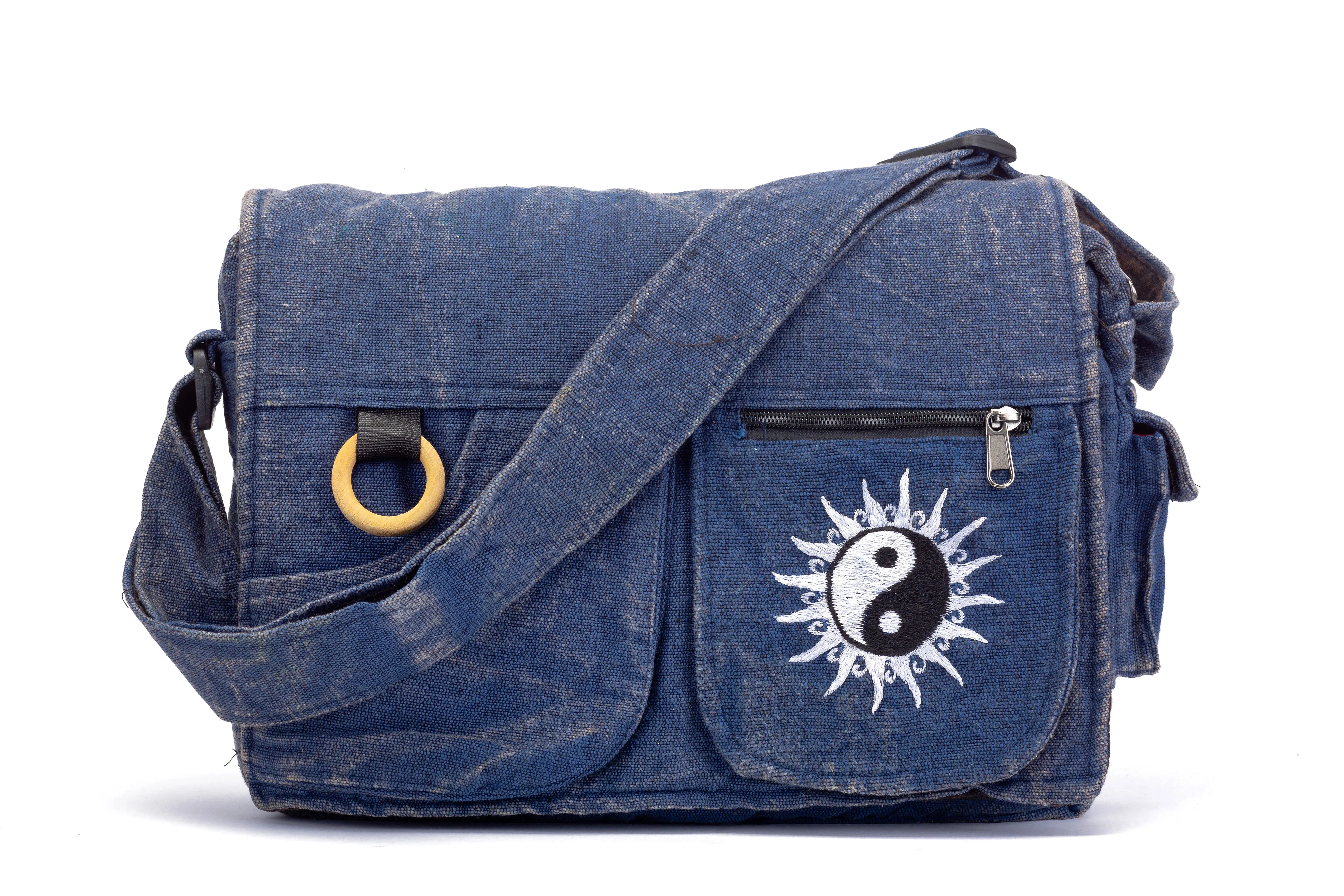 Koshi Blue Stone-Washed Embroidered Laptop Messenger Bag