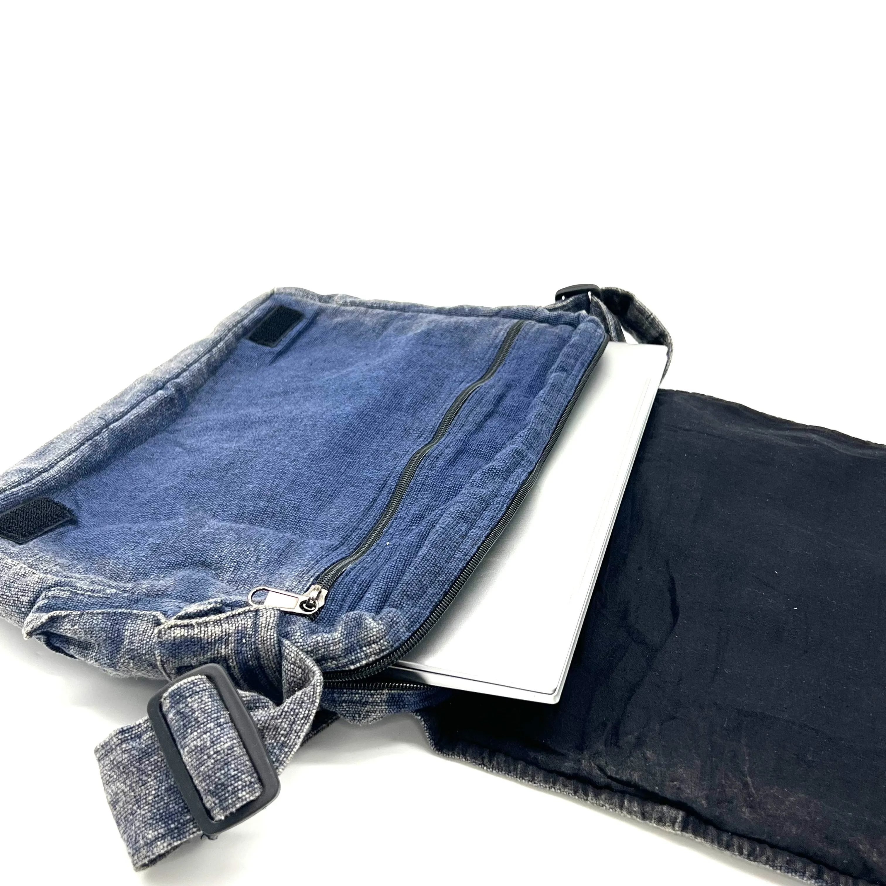 Koshi Blue Stone-Washed Embroidered Laptop Messenger Bag