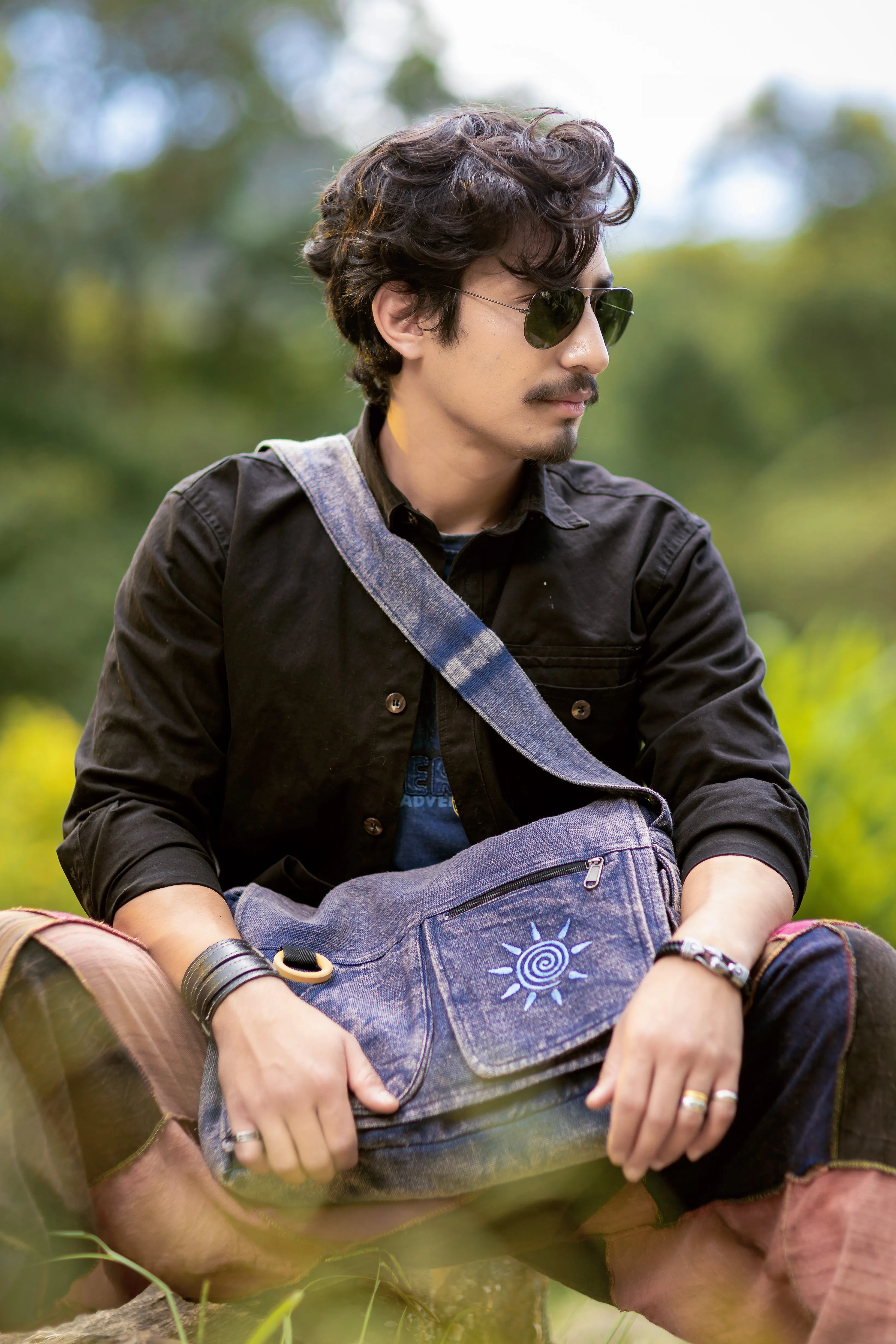 Koshi Blue Stone-Washed Embroidered Laptop Messenger Bag