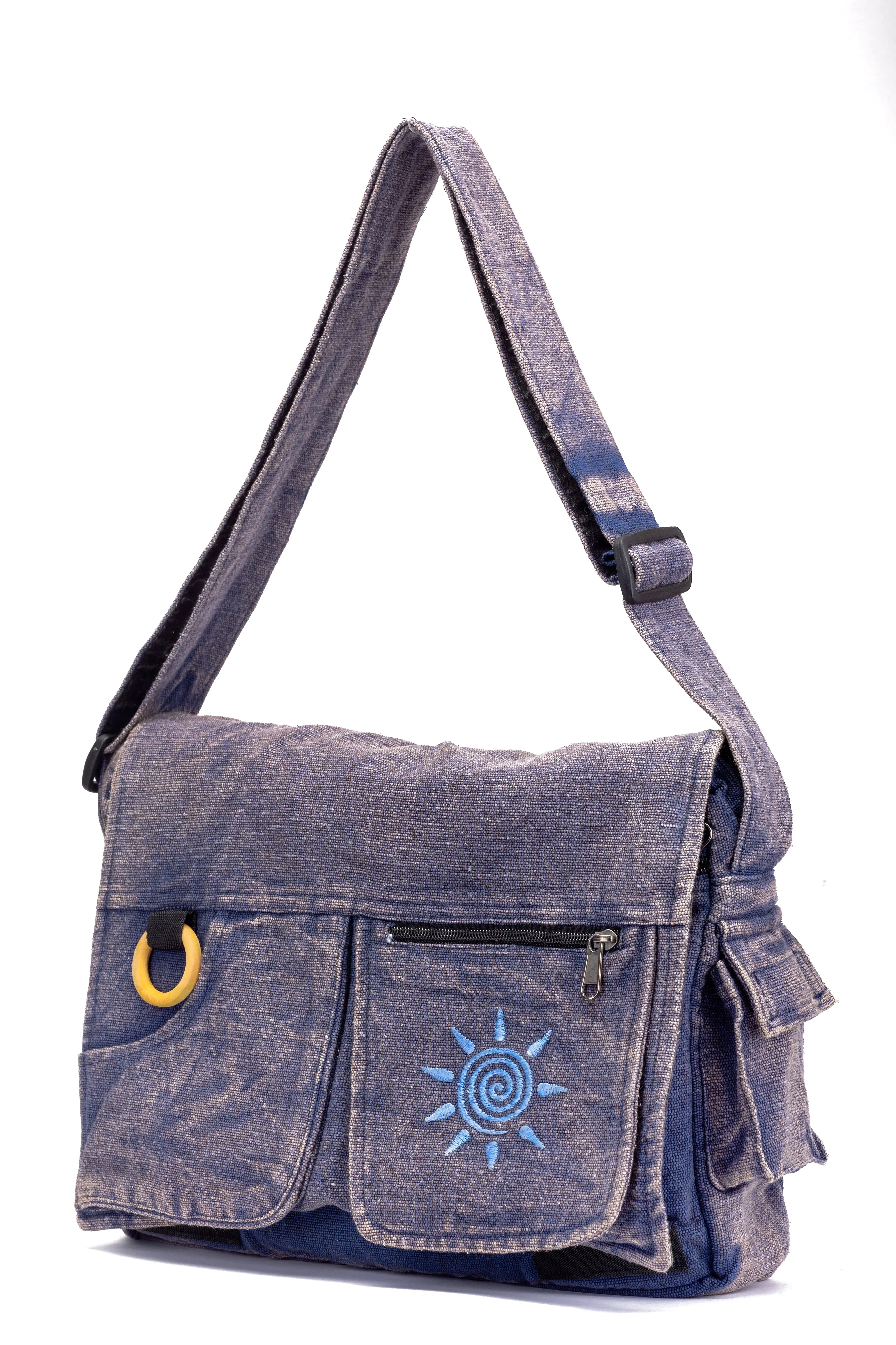 Koshi Blue Stone-Washed Embroidered Laptop Messenger Bag