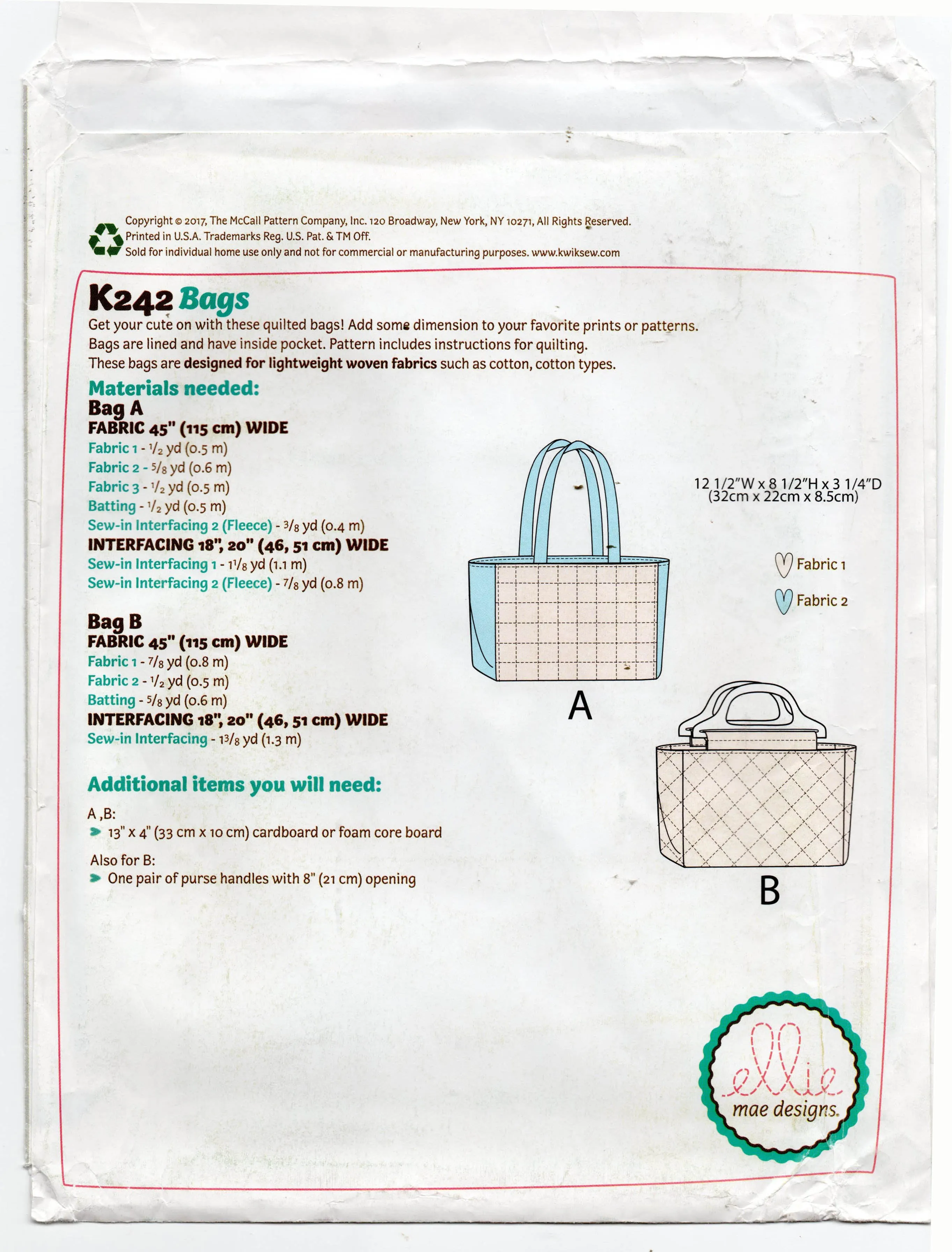 Kwik Sew K242 Ellie Mae Designs Quilted Carryall Bags Out Of Print Sewing Pattern UNCUT Factory Folded